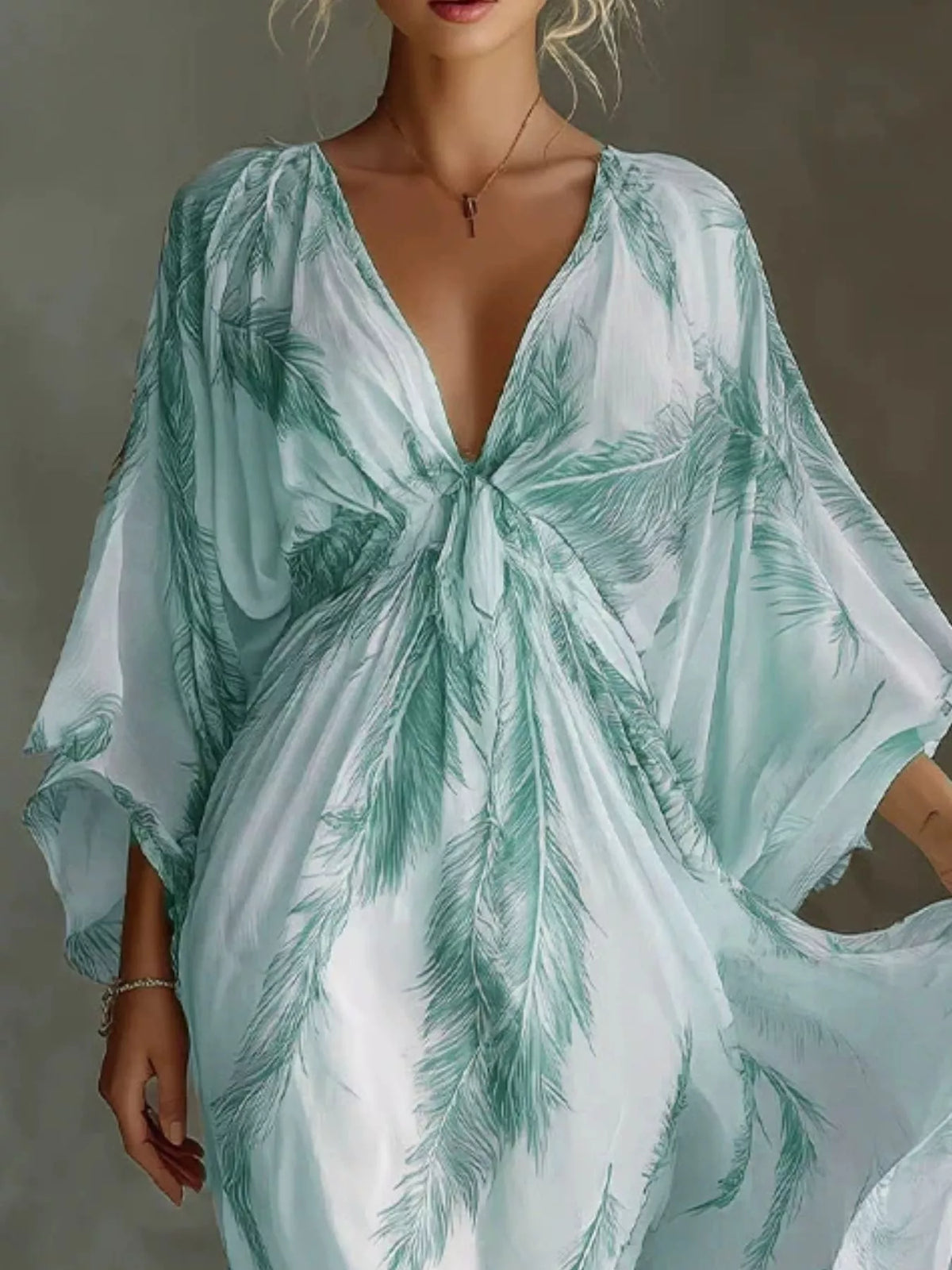 Full Size Feather Print V-Neck Flowy Maxi Dress Plus Size - Lilixa.store