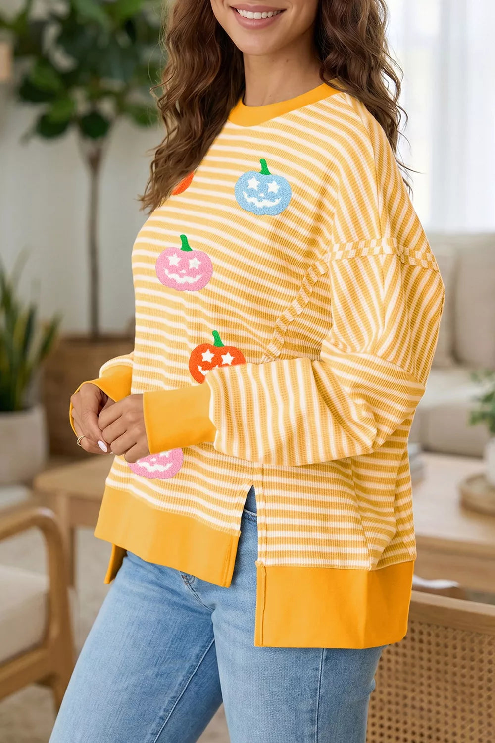 Stripe Halloween Pumpkin Face Waffle Knit Pullover Loose Top with Slits - Lilixa.store