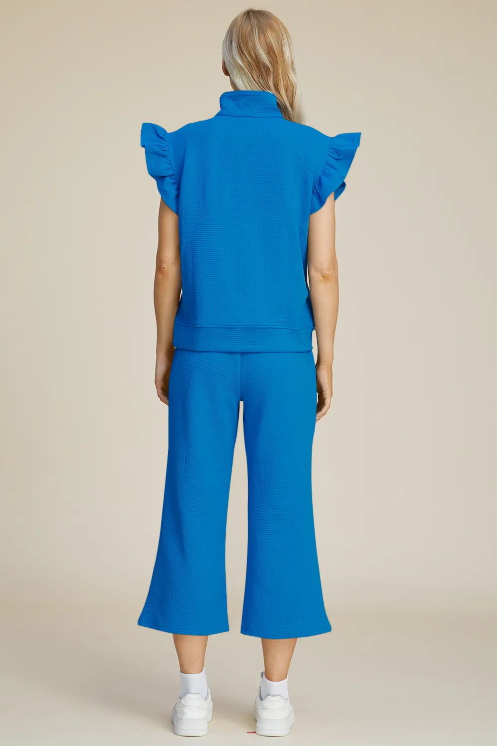 Double Take Full Size Texture Ruffle Short Sleeve Top and Wide Leg Pants Set, view 22