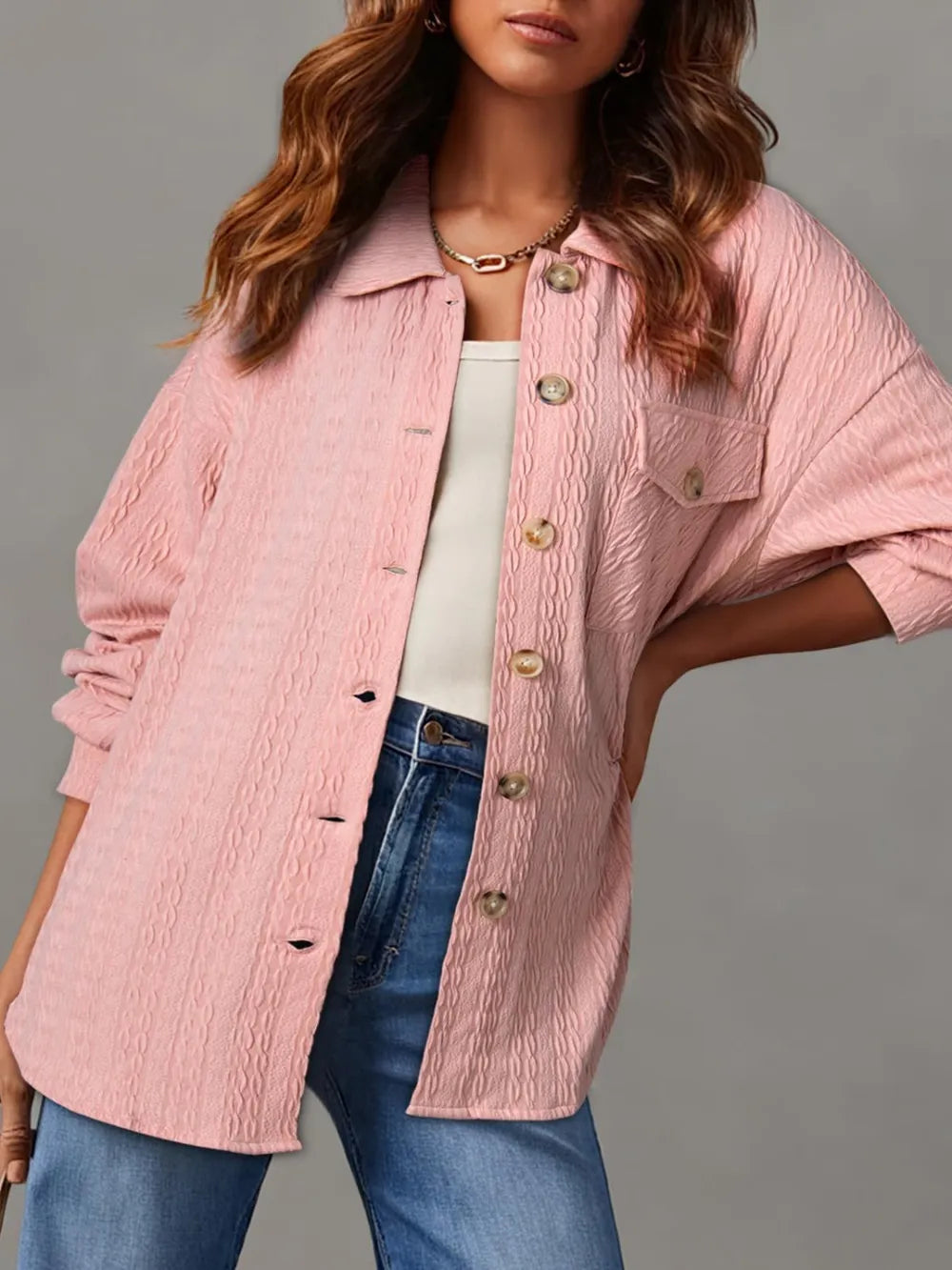 Textured Button Up Long Sleeve Shacket in Blush Pink
