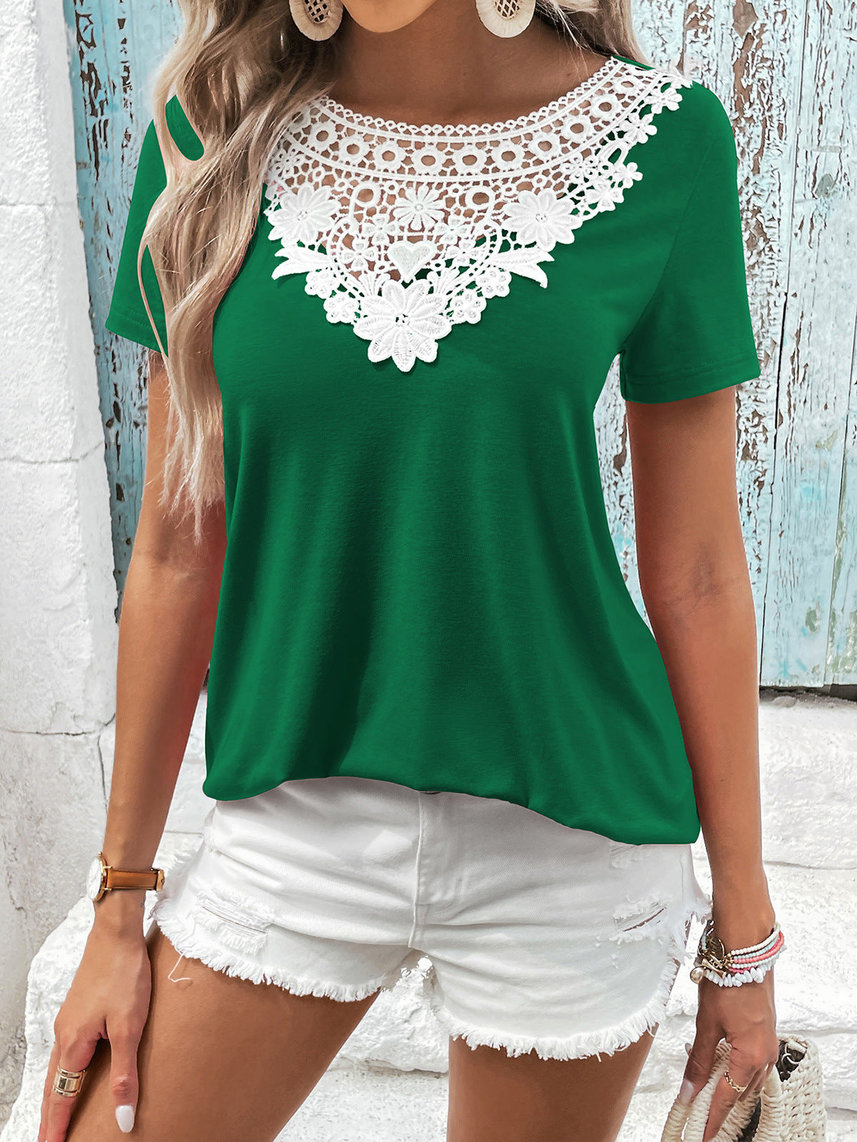Ivy Lane Spliced Lace Contrast Short Sleeve Top, view 5