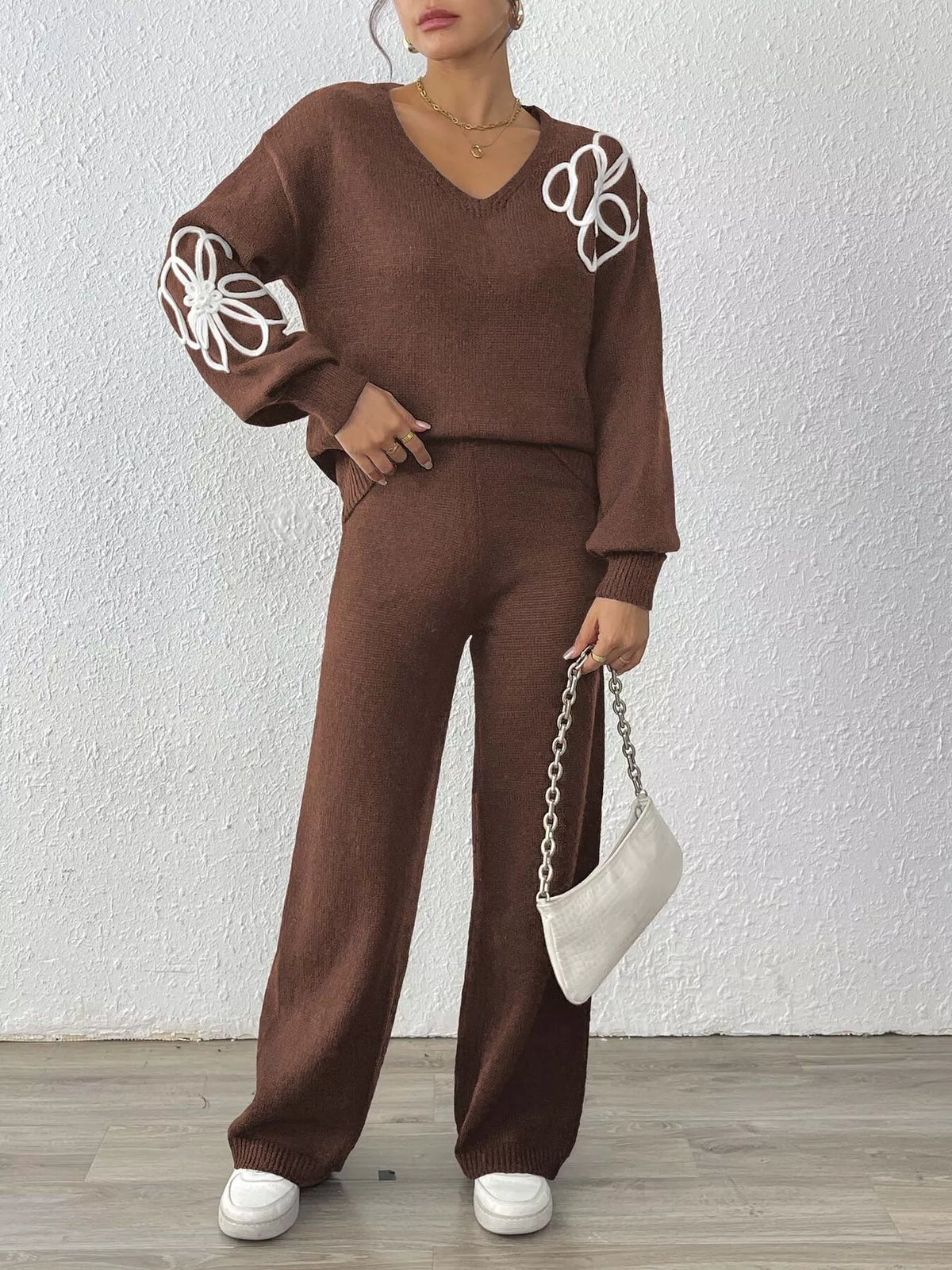 V-Neck Dropped Shoulder Top and Pants Sweater Set