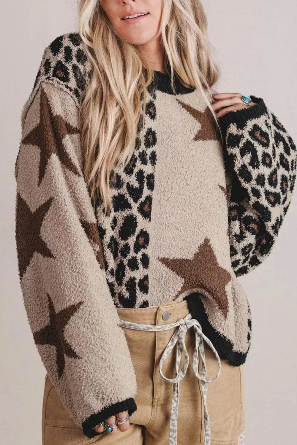Leopard Star Pattern Round Neck Long Sleeve Shift Sweater - Lilixa.store