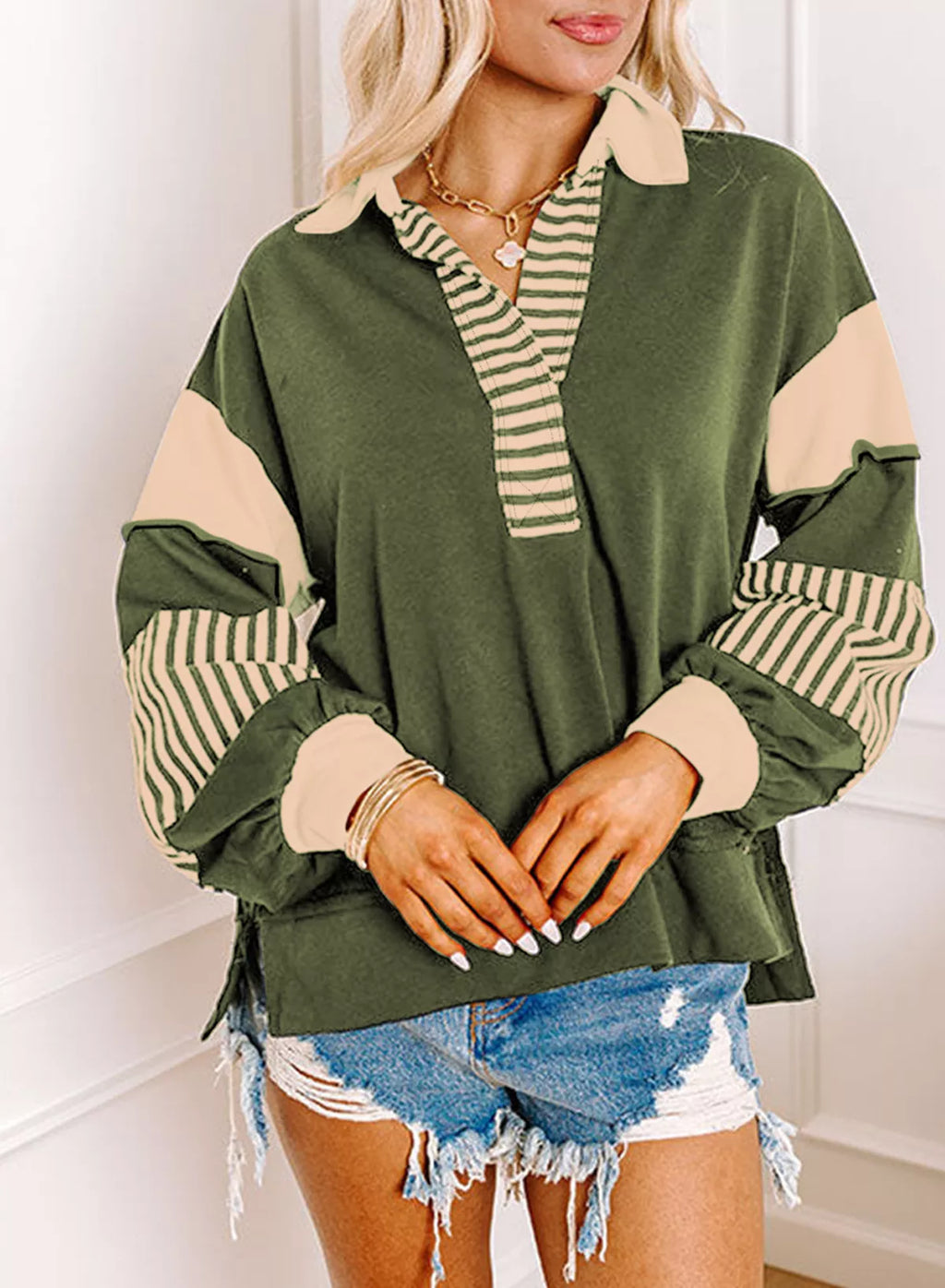 Color Block Striped Johnny Collar Sweatshirt - Lilixa.store