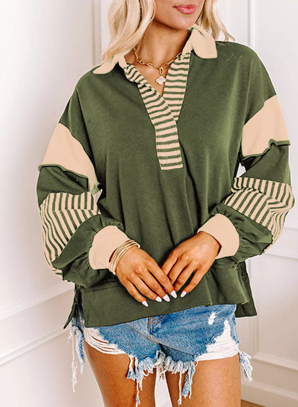Color Block Striped Johnny Collar Sweatshirt, view 22