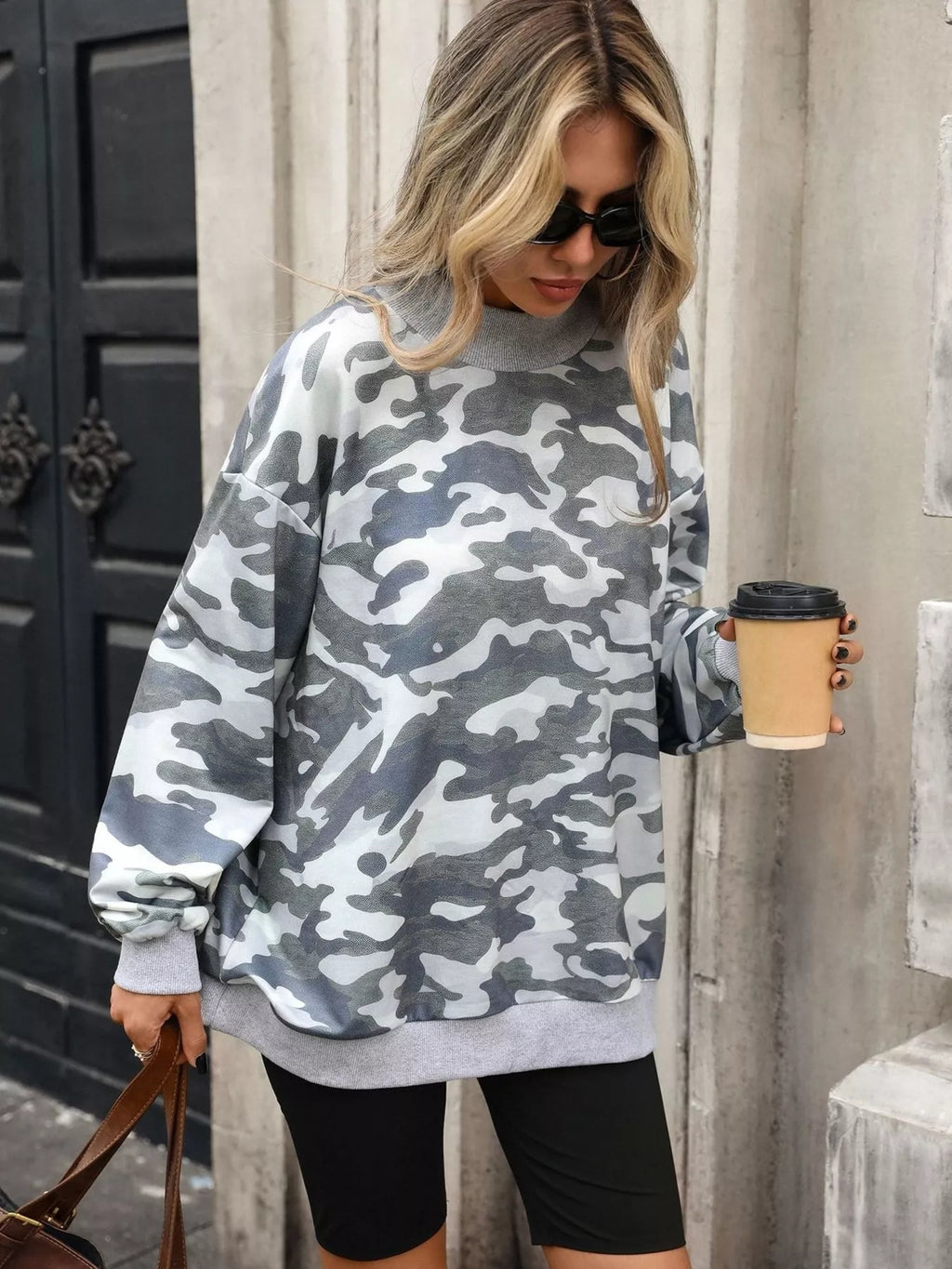 Camouflage Print Mock Neck Sweatshirt - Lilixa.store