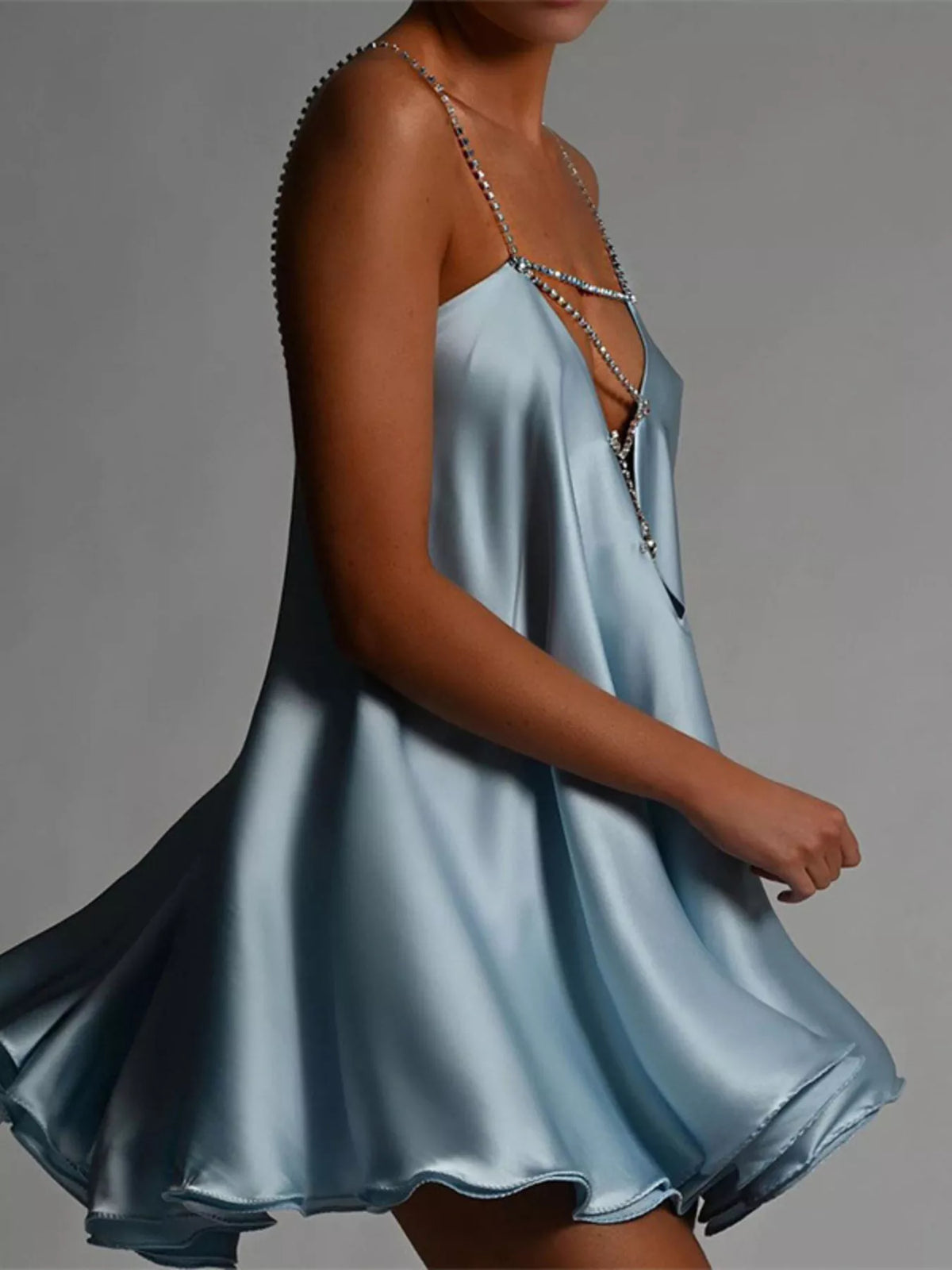 Rhinestone Embellished Plunge Mini Dress - Lilixa.store