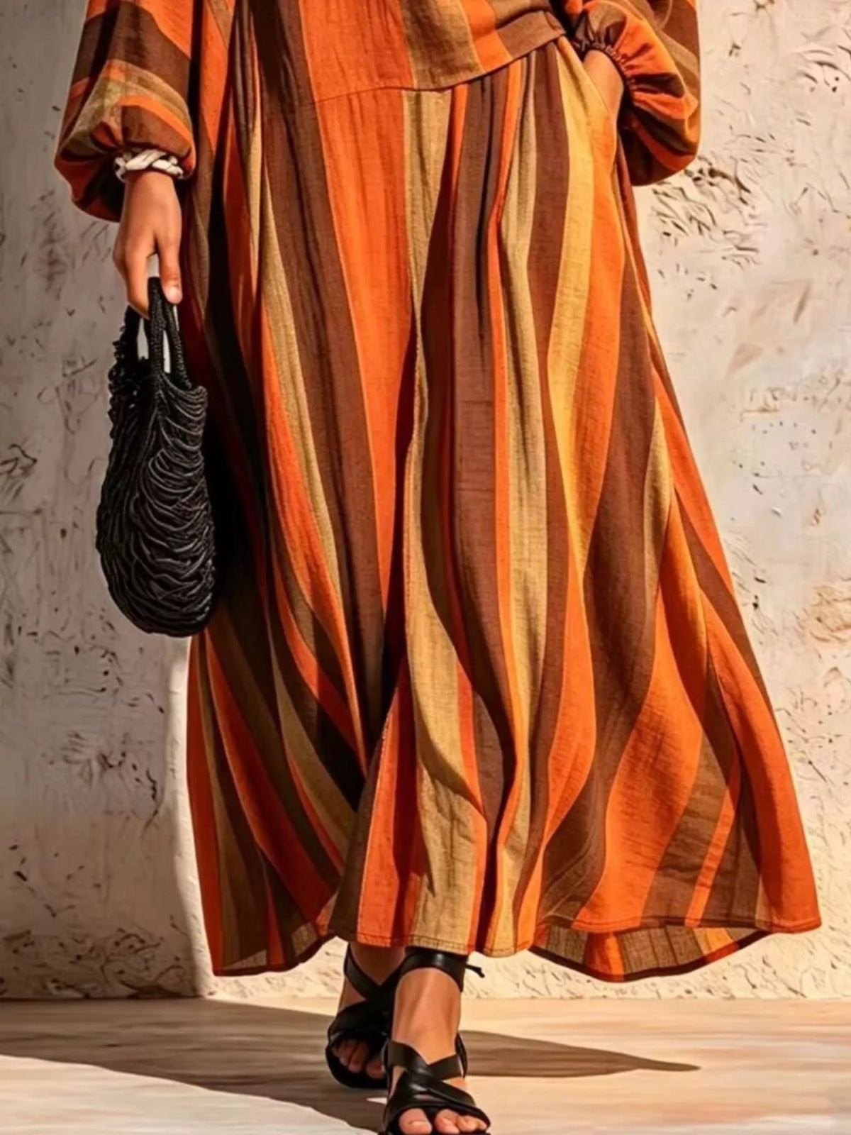 Bohemian Striped V-Neck Loose Top and Wide Leg Pants Set, view 6