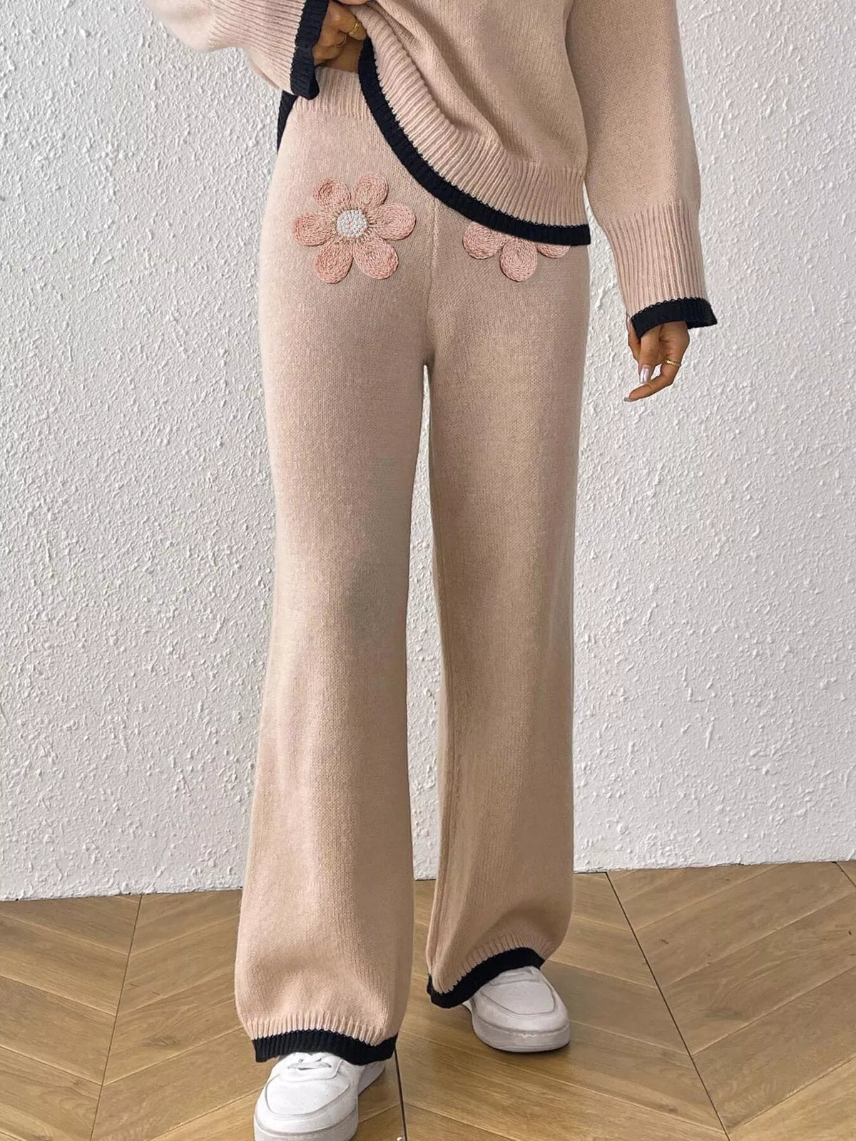 Floral Applique High-Waisted Wide-Leg Sweater Pants