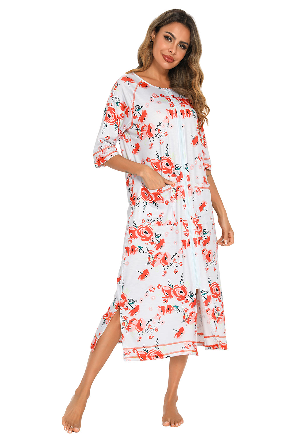 Printed Slit Night Dress with Pockets - Lilixa.store