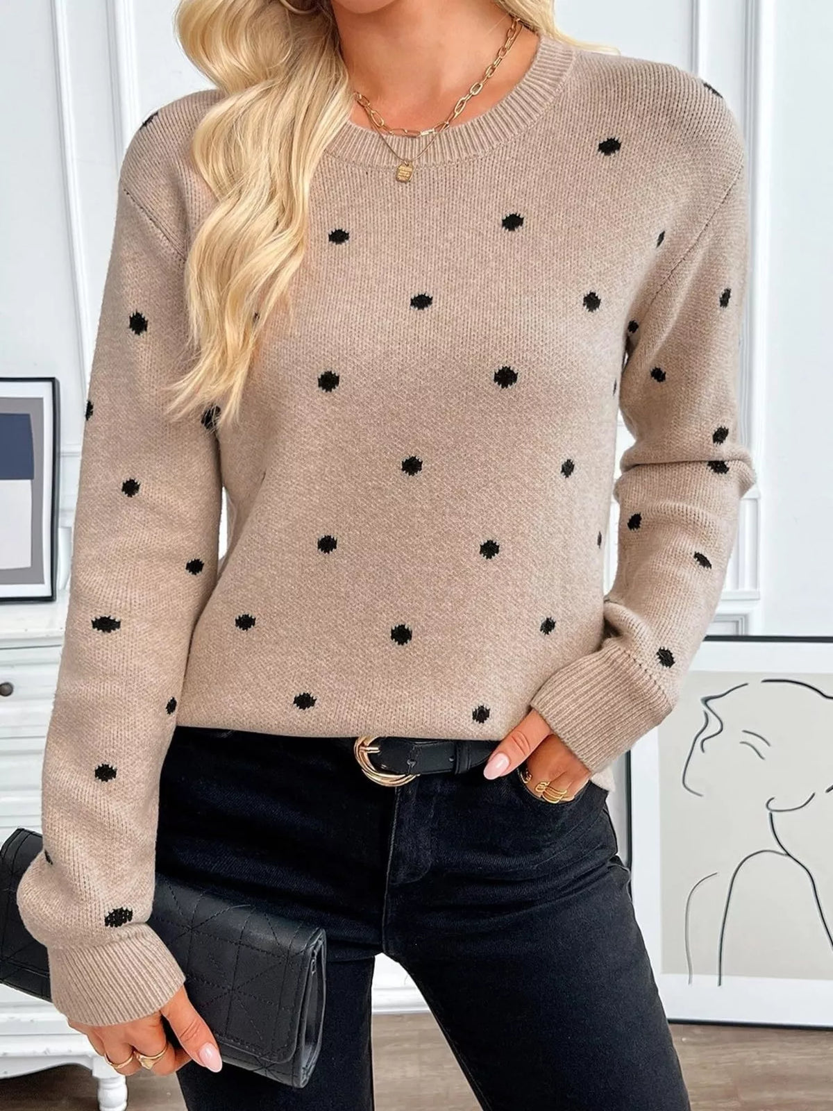 Polka Dot Crew Neck Sweater - Lilixa.store