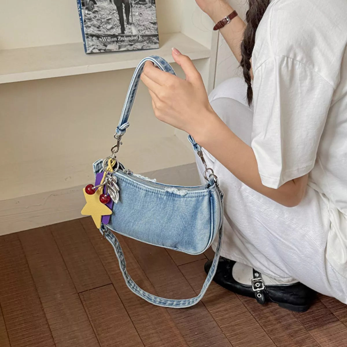 Star Charm Denim Shoulder Bag - Lilixa.store