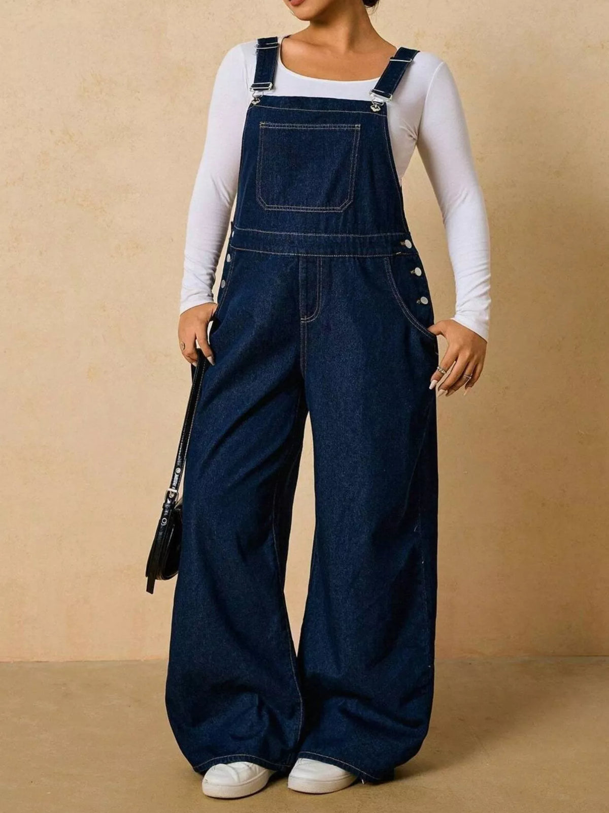 Plus Size Adjustable Strap Wide-Leg Denim Overalls