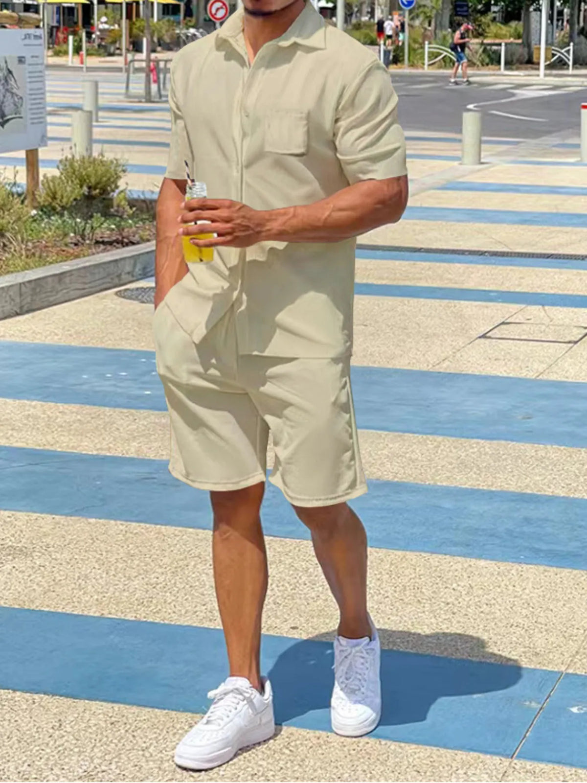 Men's Plus Size Button Up Shirt and Shorts Set in Khaki