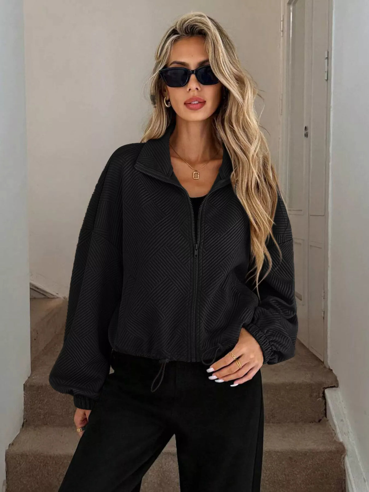 Drawstring Hem Textured Long Sleeve Jacket in Black