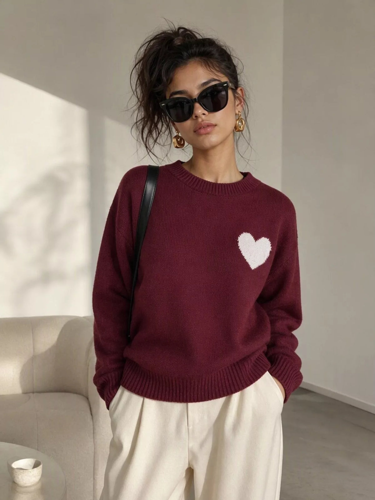 Heart Pattern Round Neck Sweater, view 8
