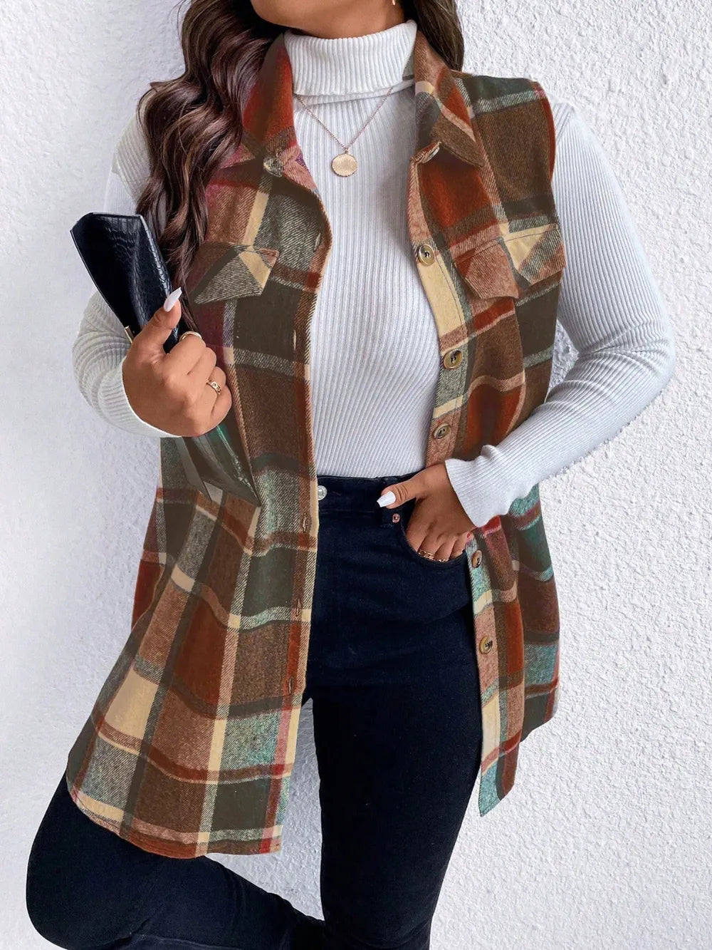 Honey Plus Size Pocketed Plaid Button Up Vest Coat, view 15