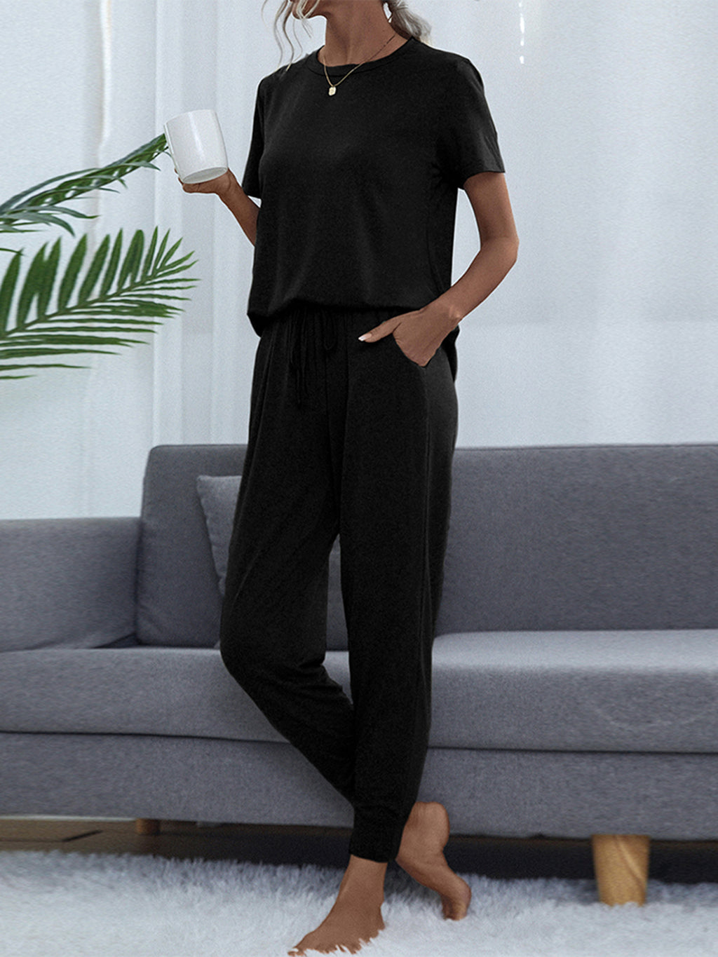 Shiny Round Neck Short Sleeve Top and Pants Set - Lilixa.store