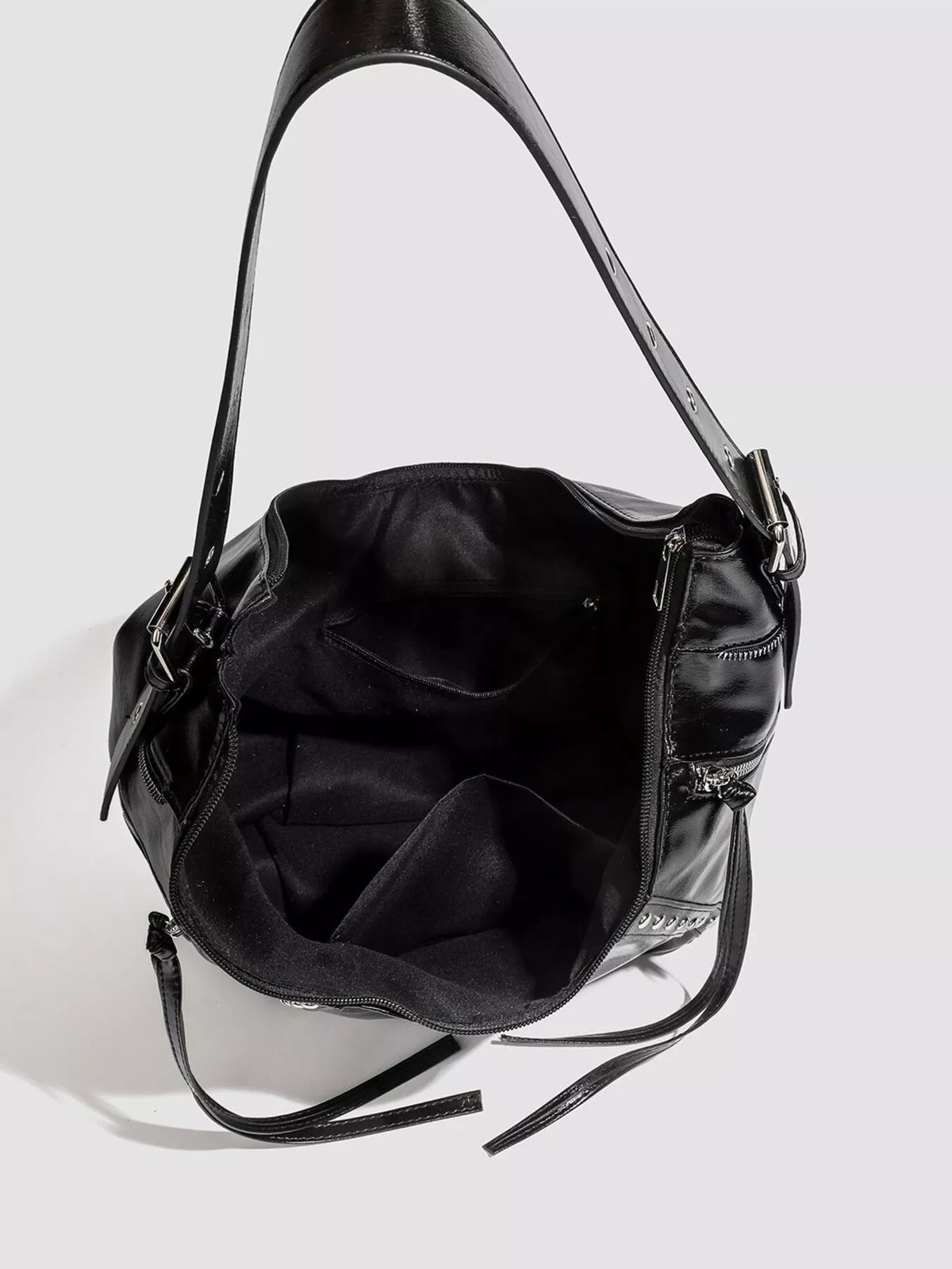 Studded Patent Leather Hobo Shoulder Bag in Black, view 7