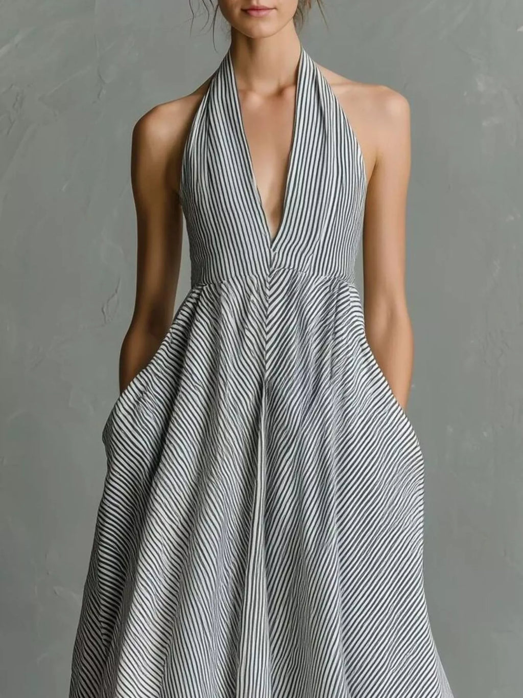 Full Size Striped Halter Neck Maxi Dress with Pockets Plus Size - Lilixa.store