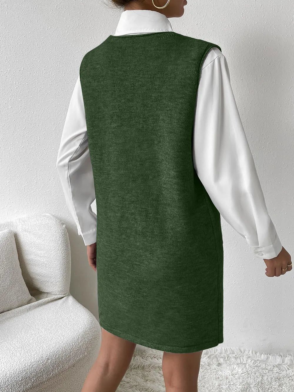 V-Neck Sleeveless Sweater Dress with Pockets, view 8