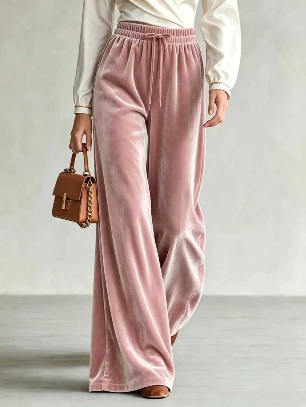 Velvet Wide-Leg Pants with Drawstring - Lilixa.store