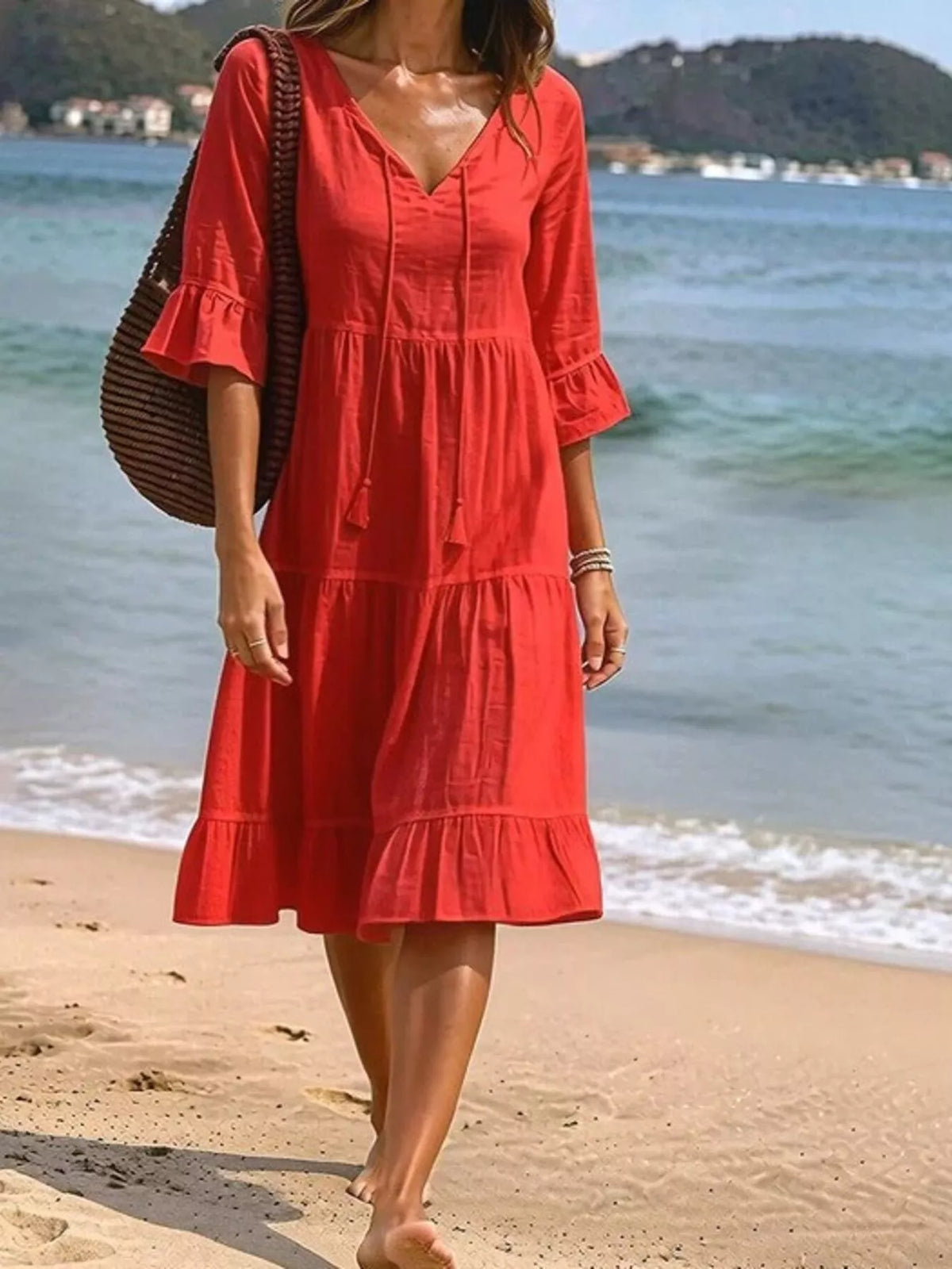 Full Size Tiered Tie Neck Flounce Sleeve Dress Plus Size - Lilixa.store