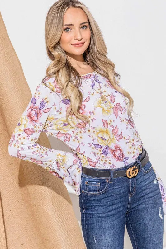 And The Why Floral Printed Bell Sleeve Casual Top in Mustard Mauve, view 2