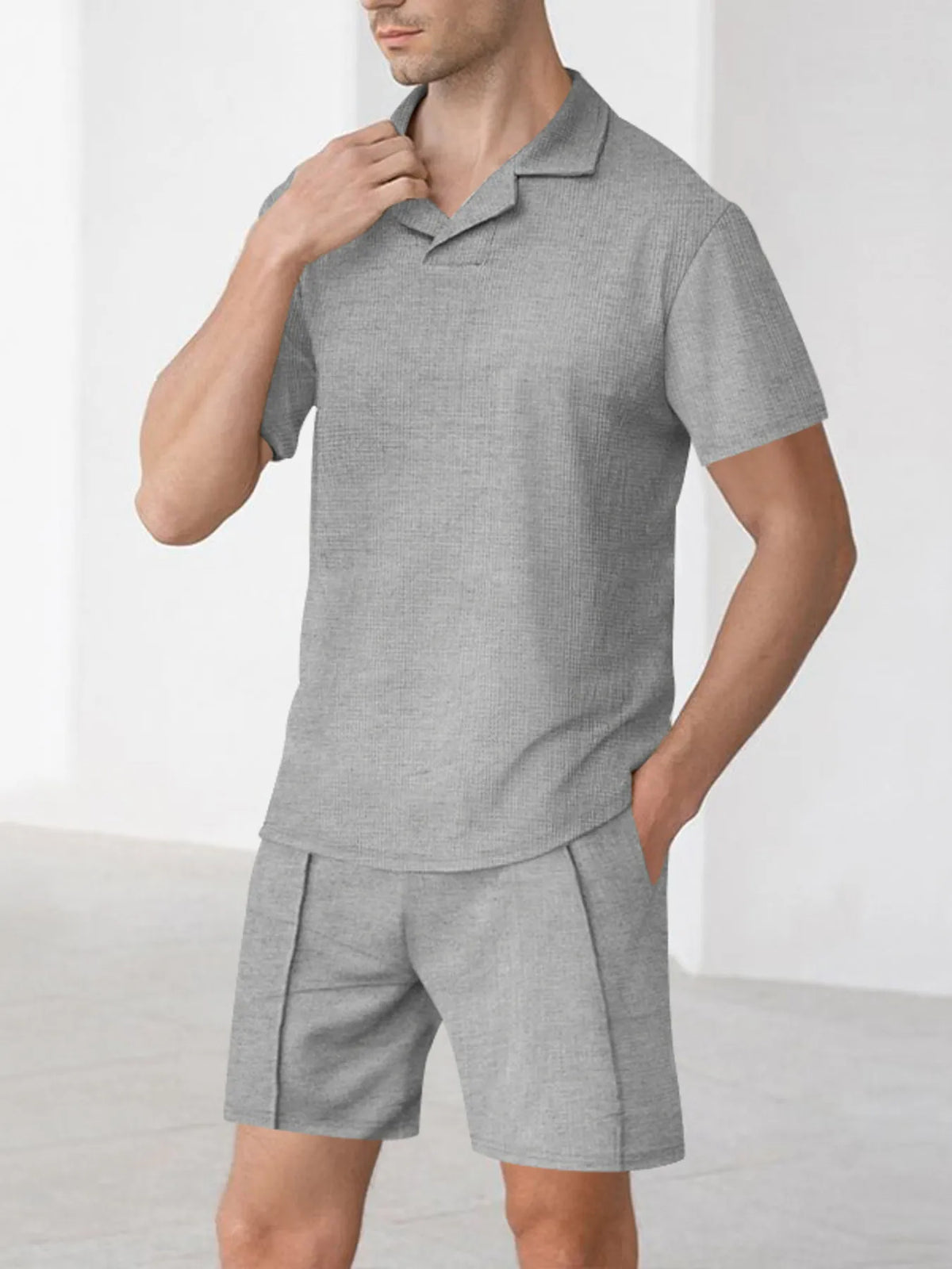 Men's Full Size Short Sleeve Top and Shorts Matching Set Plus Size in Light Gray
