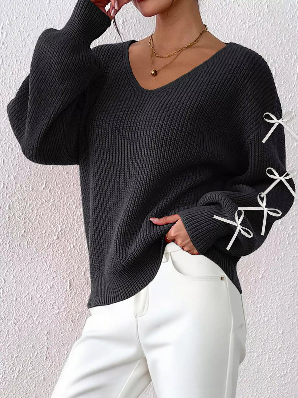 Bow-Tie Sleeve V-Neck Sweater - Lilixa.store