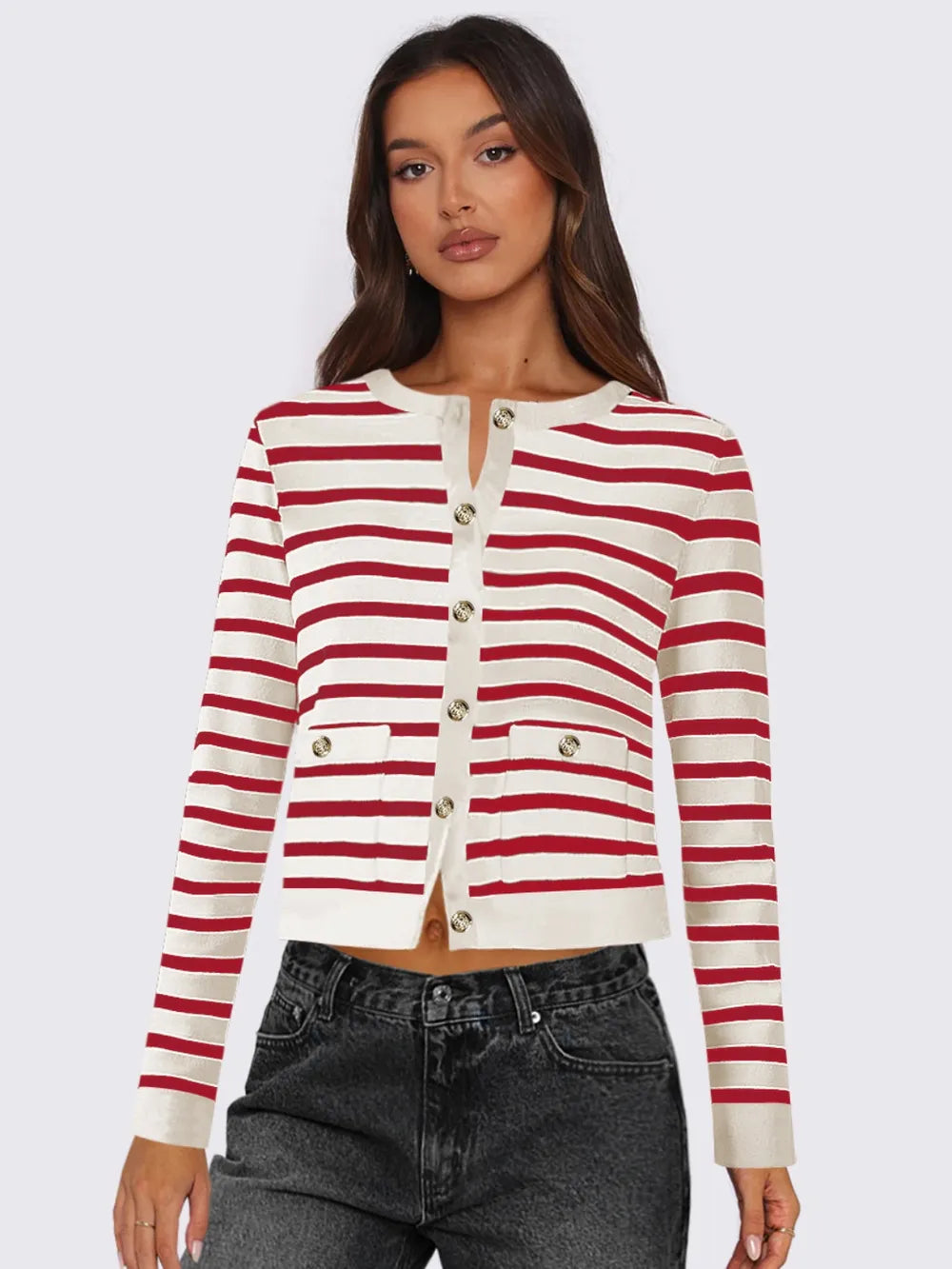 Striped Round Neck Button Up Long Sleeve Cardigan - Lilixa.store