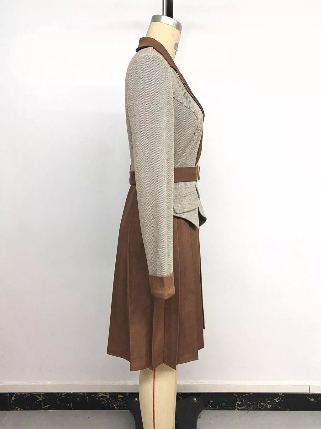 Pleated Patchwork Blazer Belt Dress - Lilixa.store