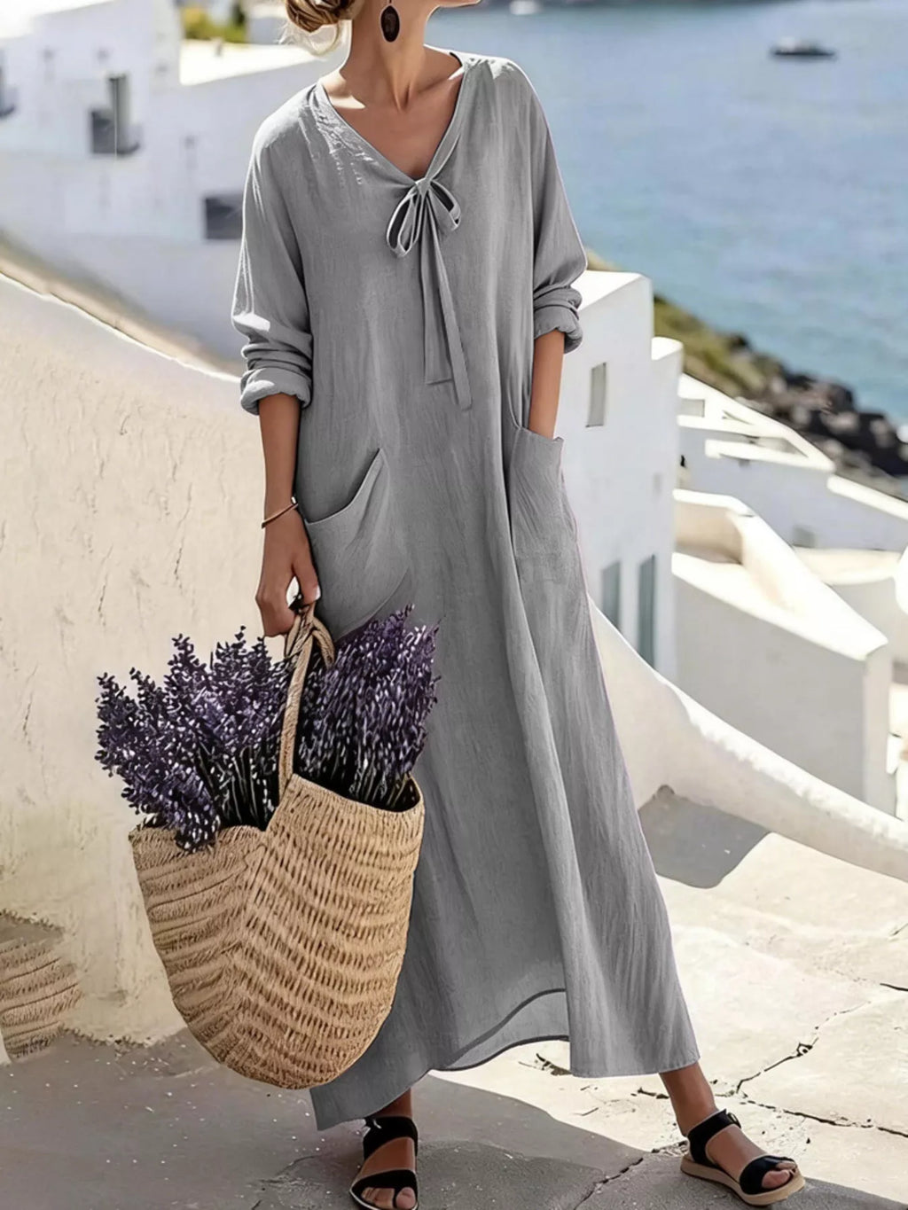 Full Size Long Sleeve Loose Maxi Dress with Pockets Plus Size - Lilixa.store