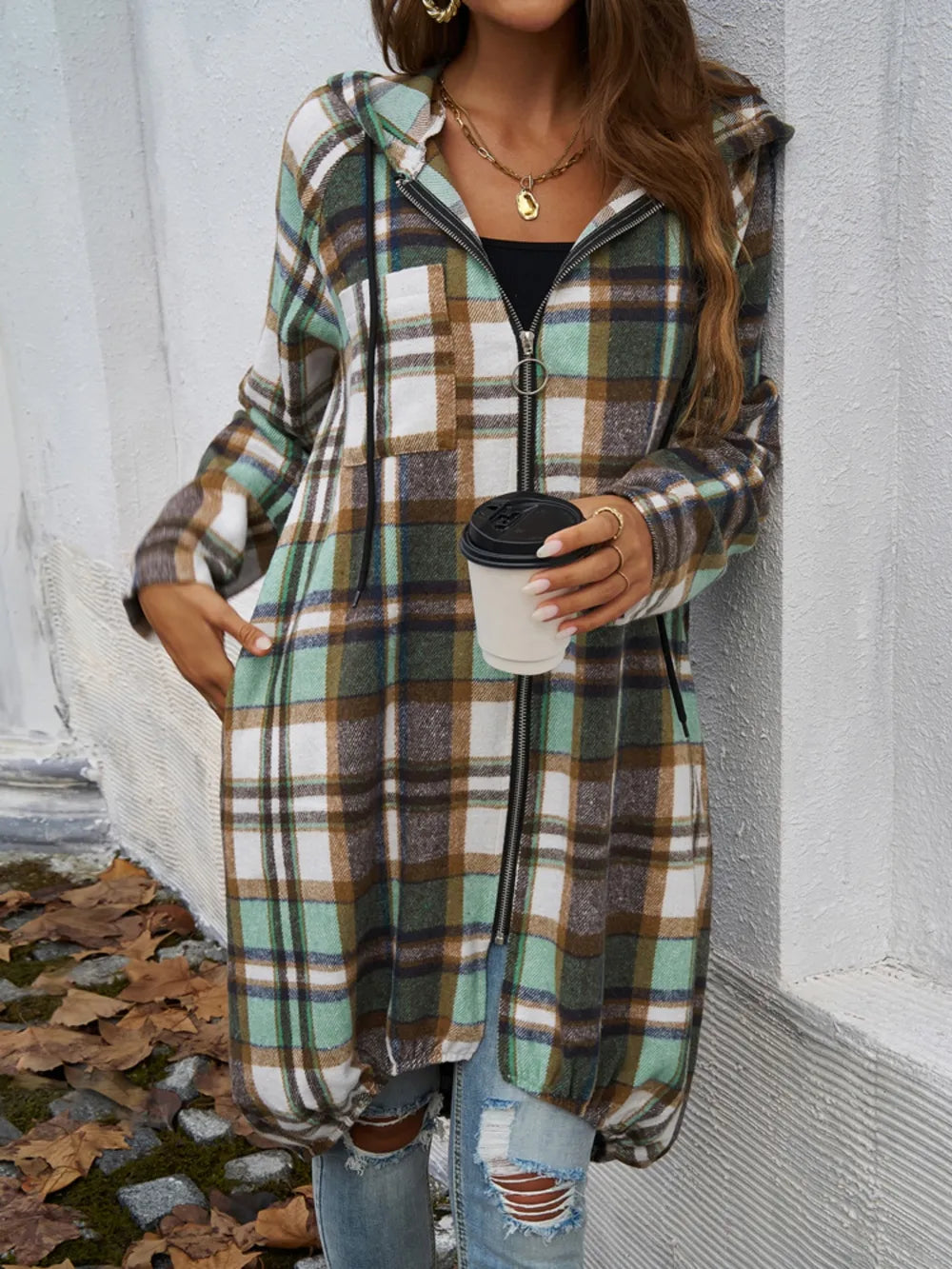 Devine Plaid Zip Up Hooded Coat - Lilixa.store