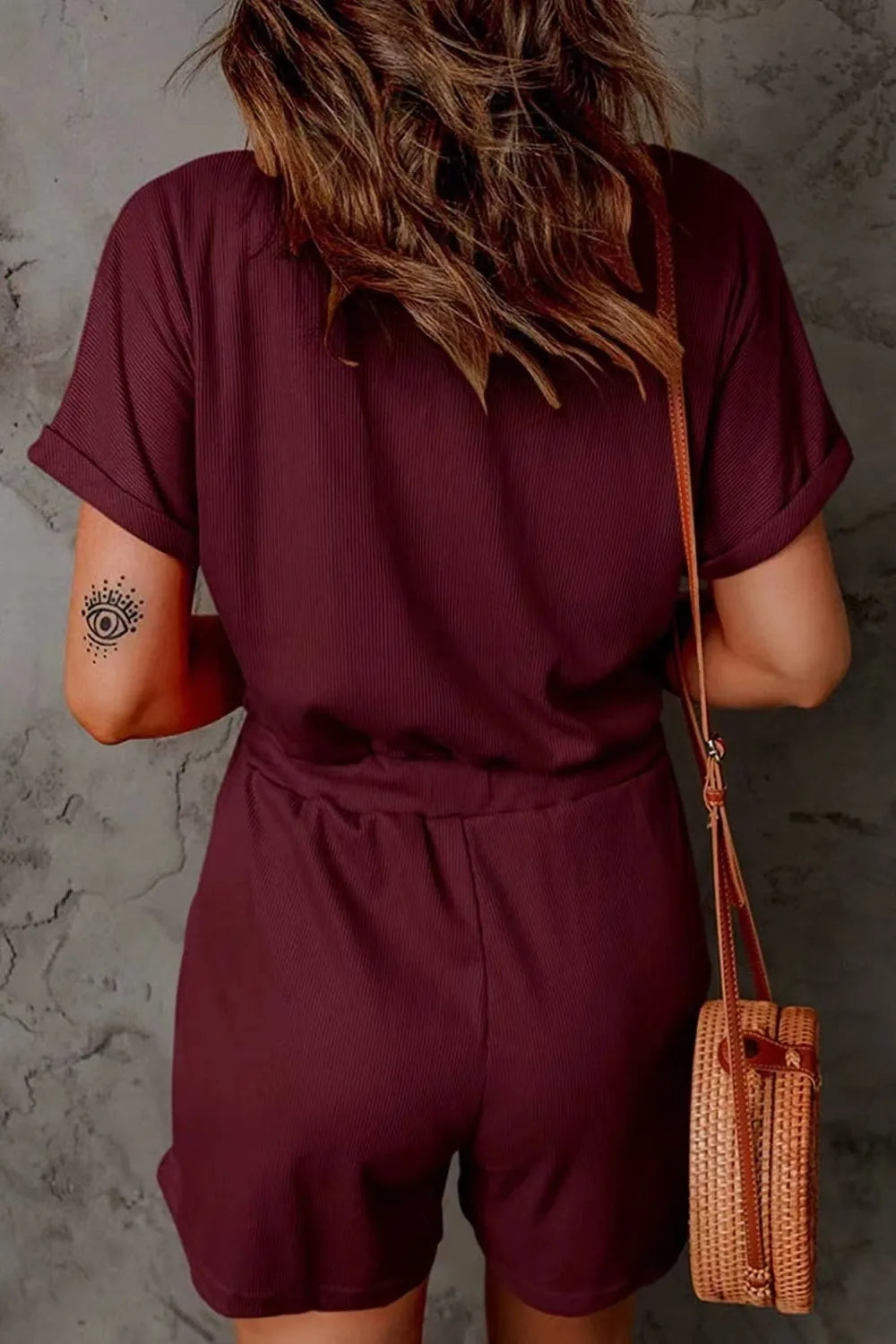 Full Size Drawstring V-Neck Short Sleeve Romper - Lilixa.store