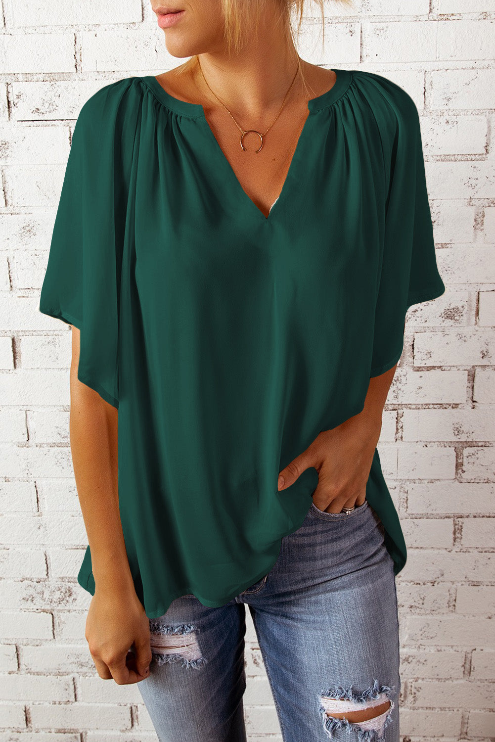 Gathered Detail Notched Neck Flutter Sleeve Top - Lilixa.store