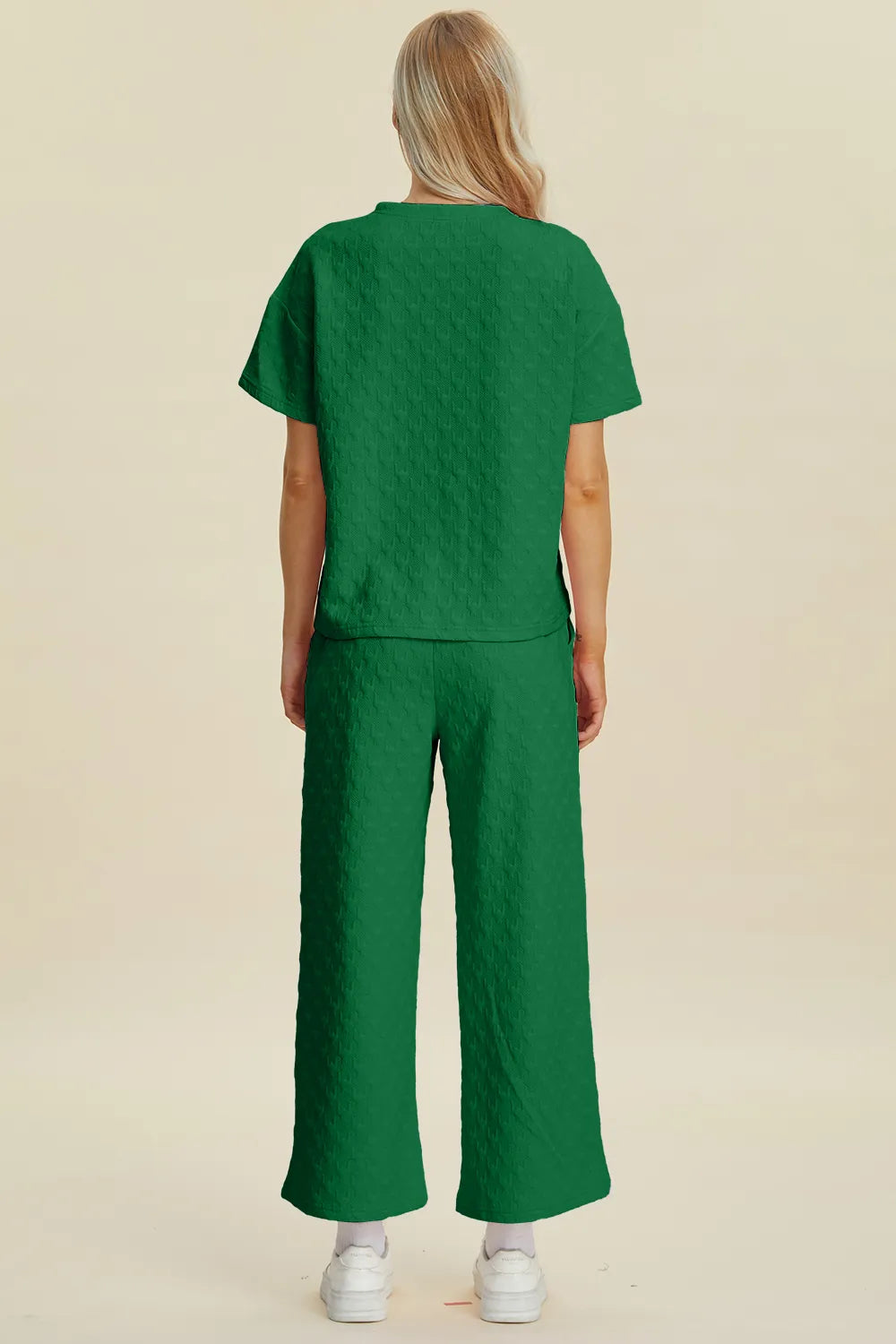 Double Take Full Size Texture Round Neck Short Sleeve Top and Pants Set, view 2