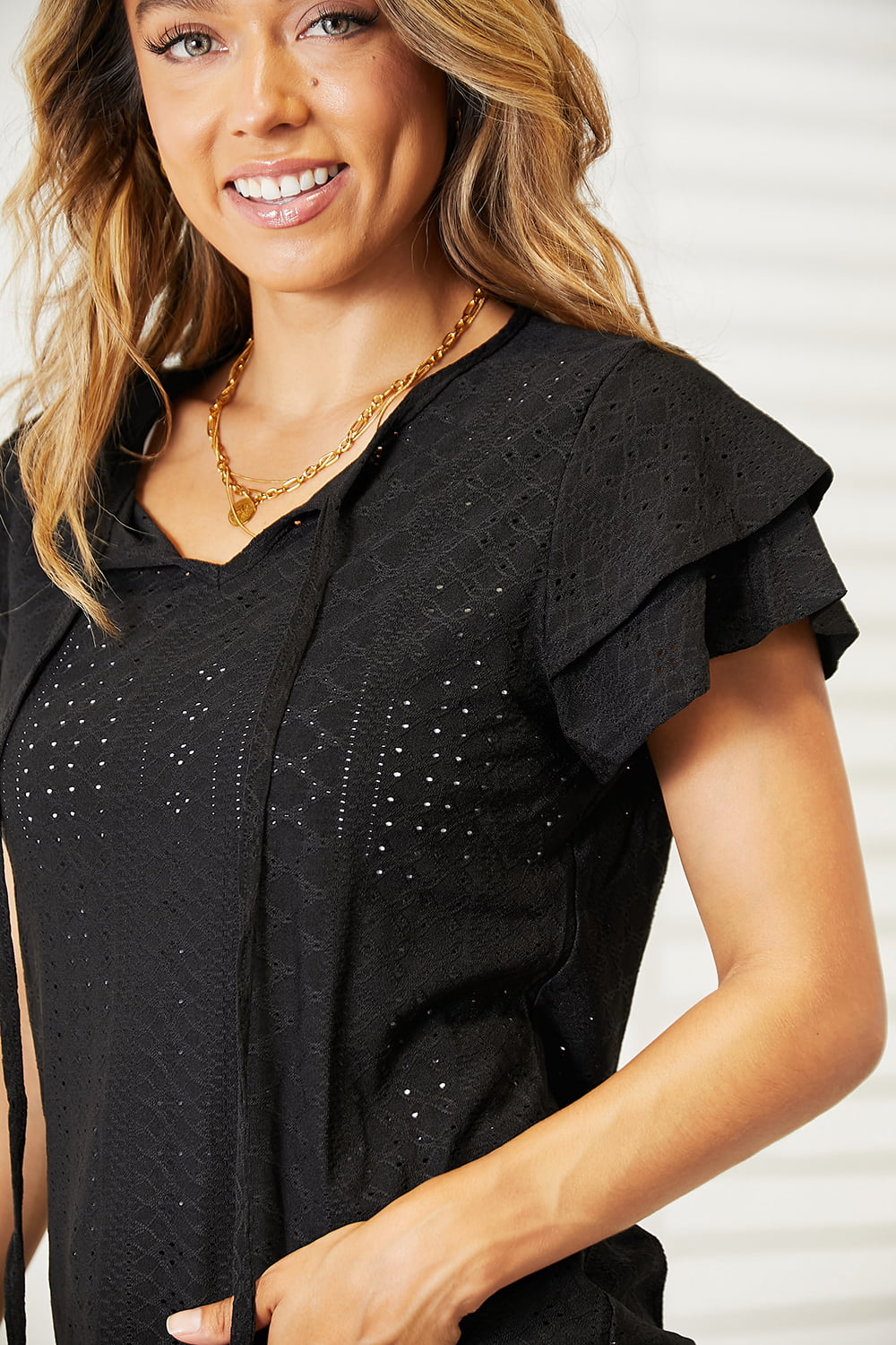 Mandy Eyelet Tie-Neck Flutter Sleeve Blouse in Black, view 4