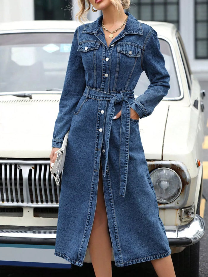 Belted Long Sleeve Denim Dress - Lilixa.store