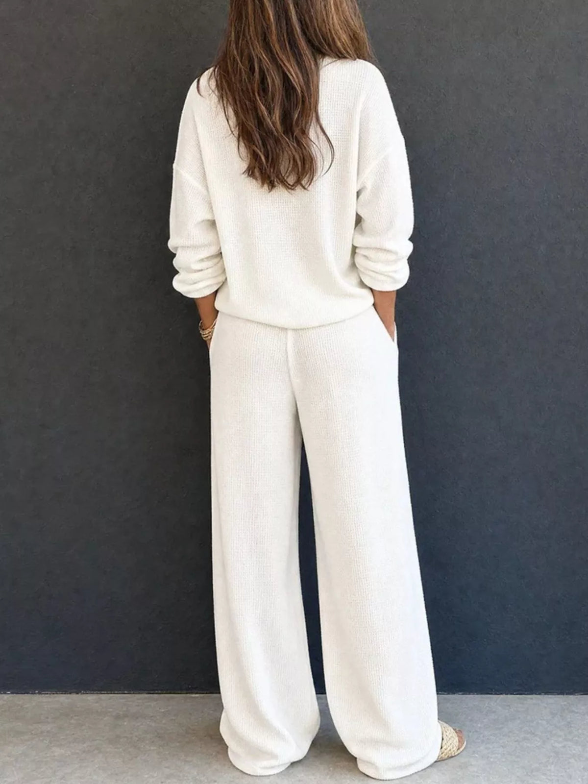 Waffle Knit Henley Top and Wide Leg Pants Set - Lilixa.store