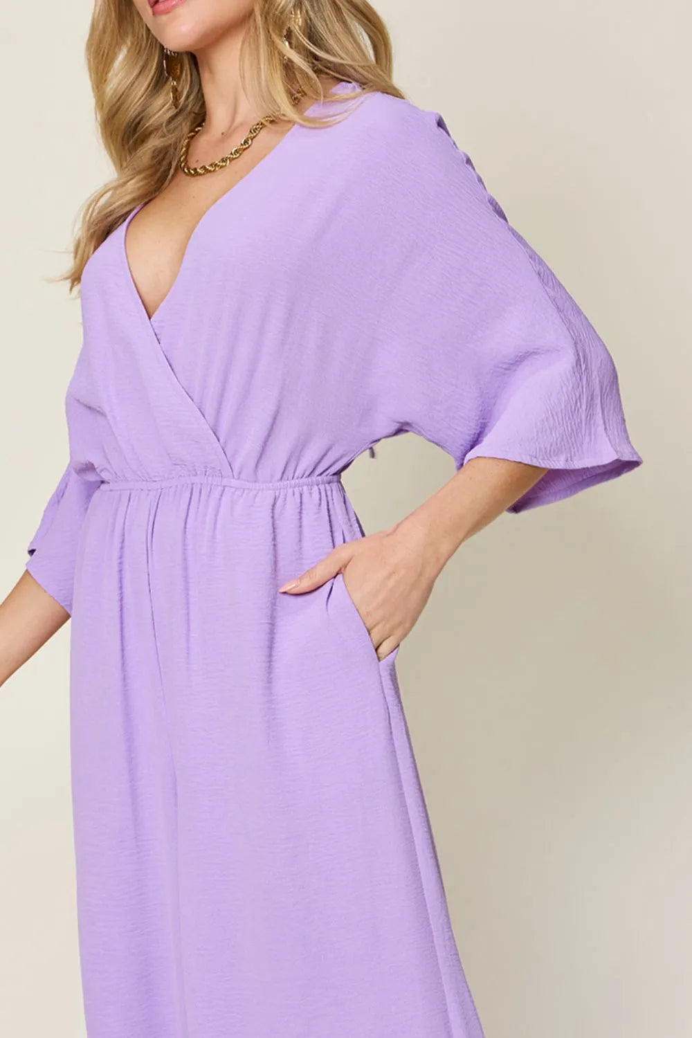 Double Take Full Size Surplice Wide Leg Jumpsuit with Pockets - Lilixa.store