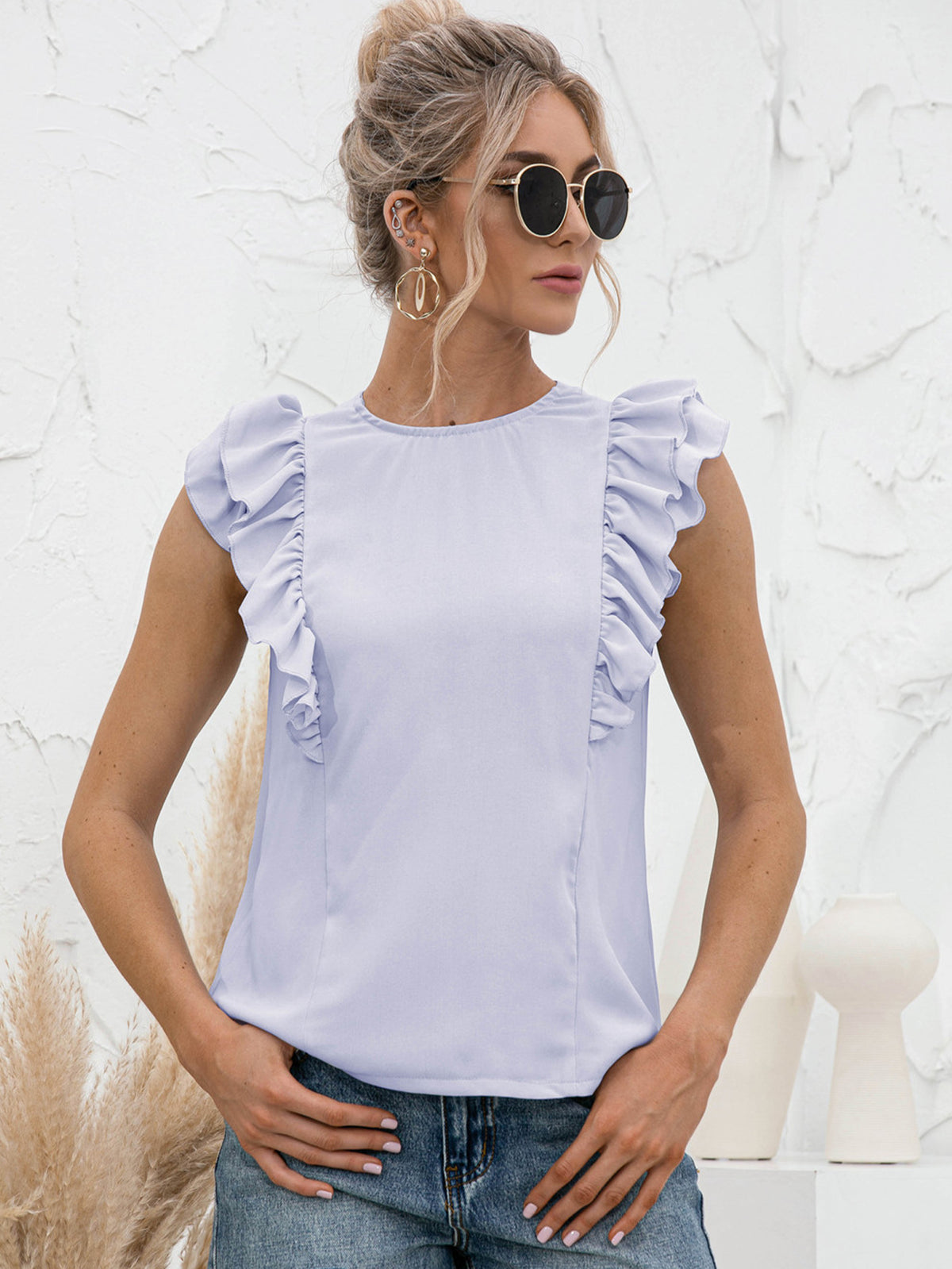 Round Neck Tied Open Back Flutter Sleeve Top in Light Blue