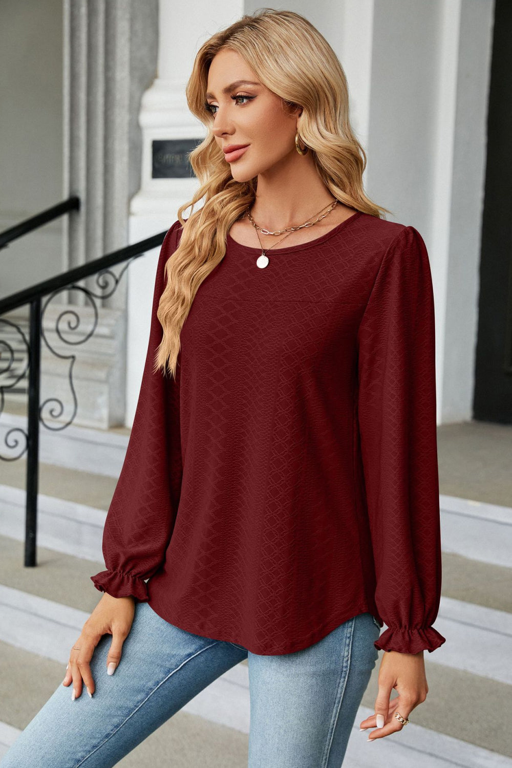 Round Neck Flounce Sleeve Blouse, view 15
