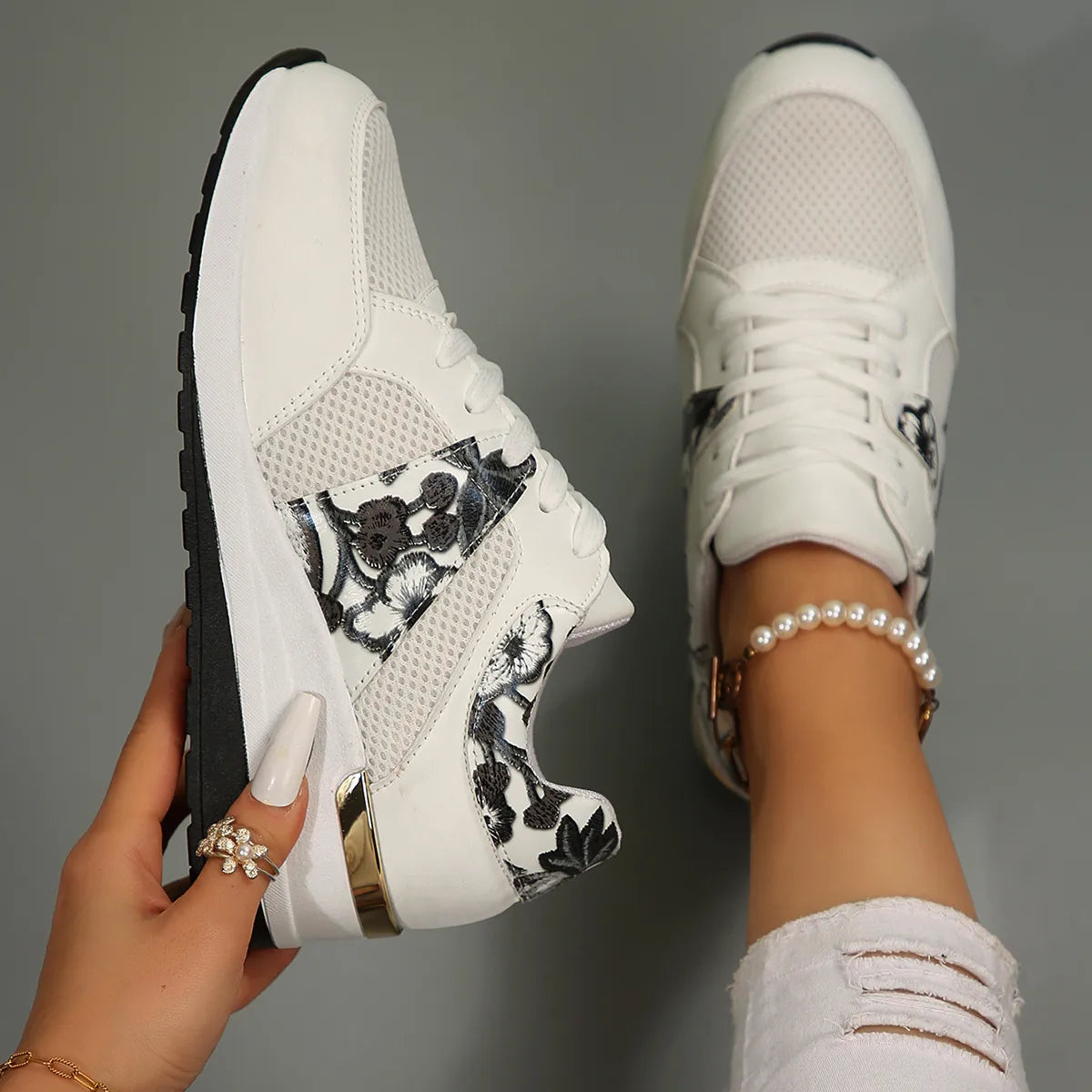 Floral Mesh Wedge Athletic - Lilixa.store