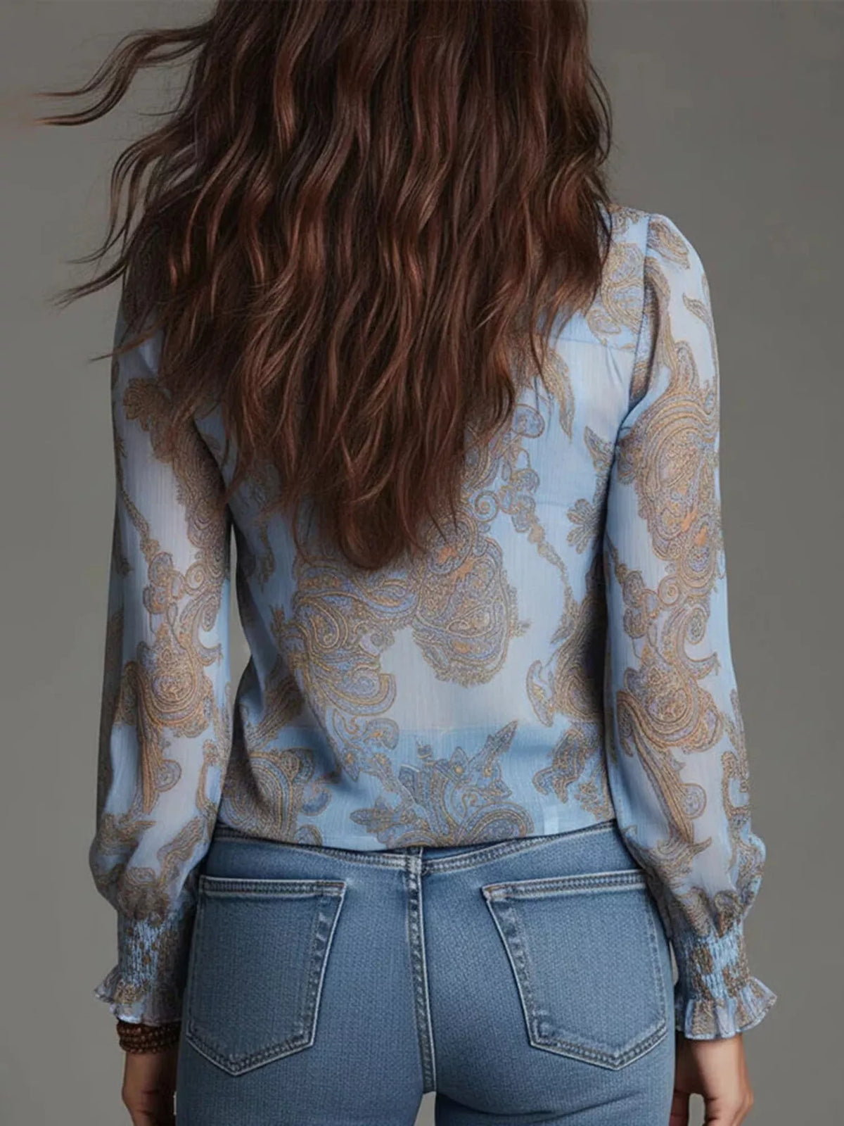 Full Size Paisley Print Ruffle Trim Zip-Front Blouse Plus Size, view 9