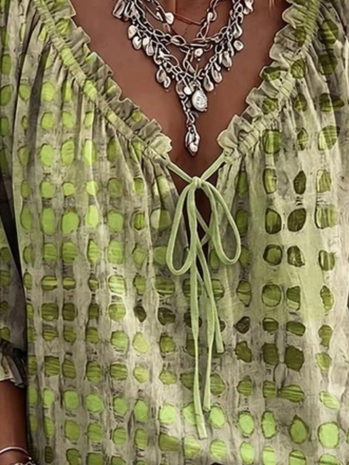 Full Size Tie Neck 3/4 Sleeve Blouse Plus Size