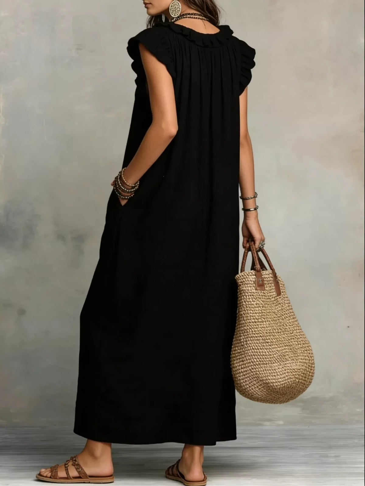 Full Size Ruffled V-Neck Cap Sleeve Maxi Dress Plus Size - Lilixa.store