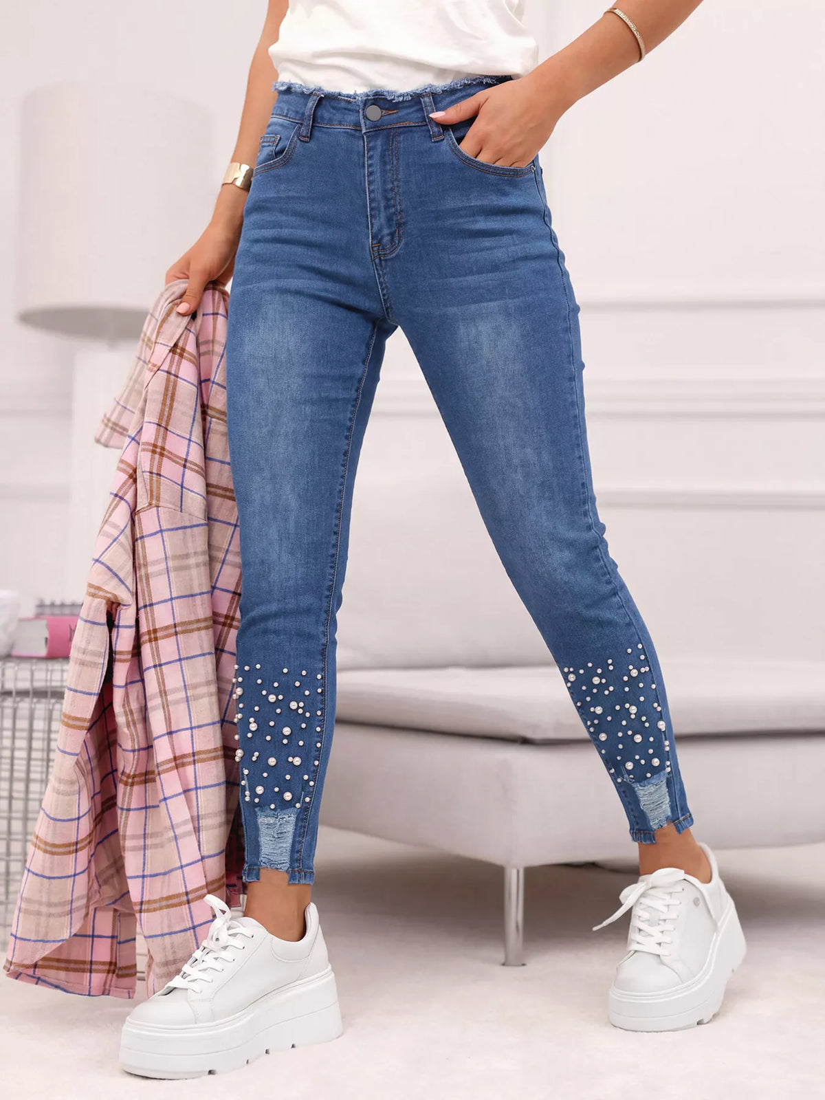 High-Waisted Pearl Embellished Skinny Jeans