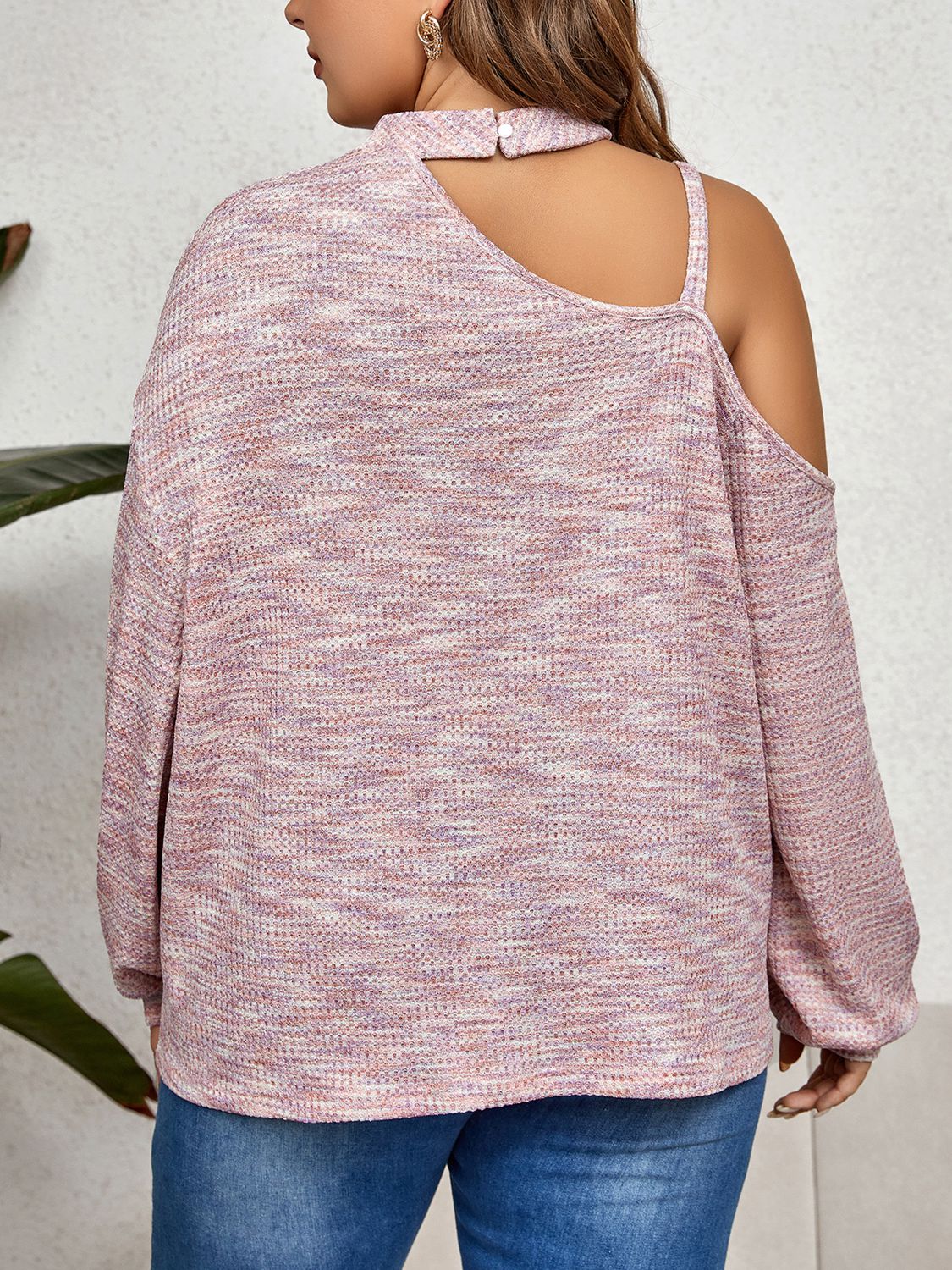 Honey Plus Size Mock Neck Cutout Shoulder Blouse in Dusty Pink, view 2