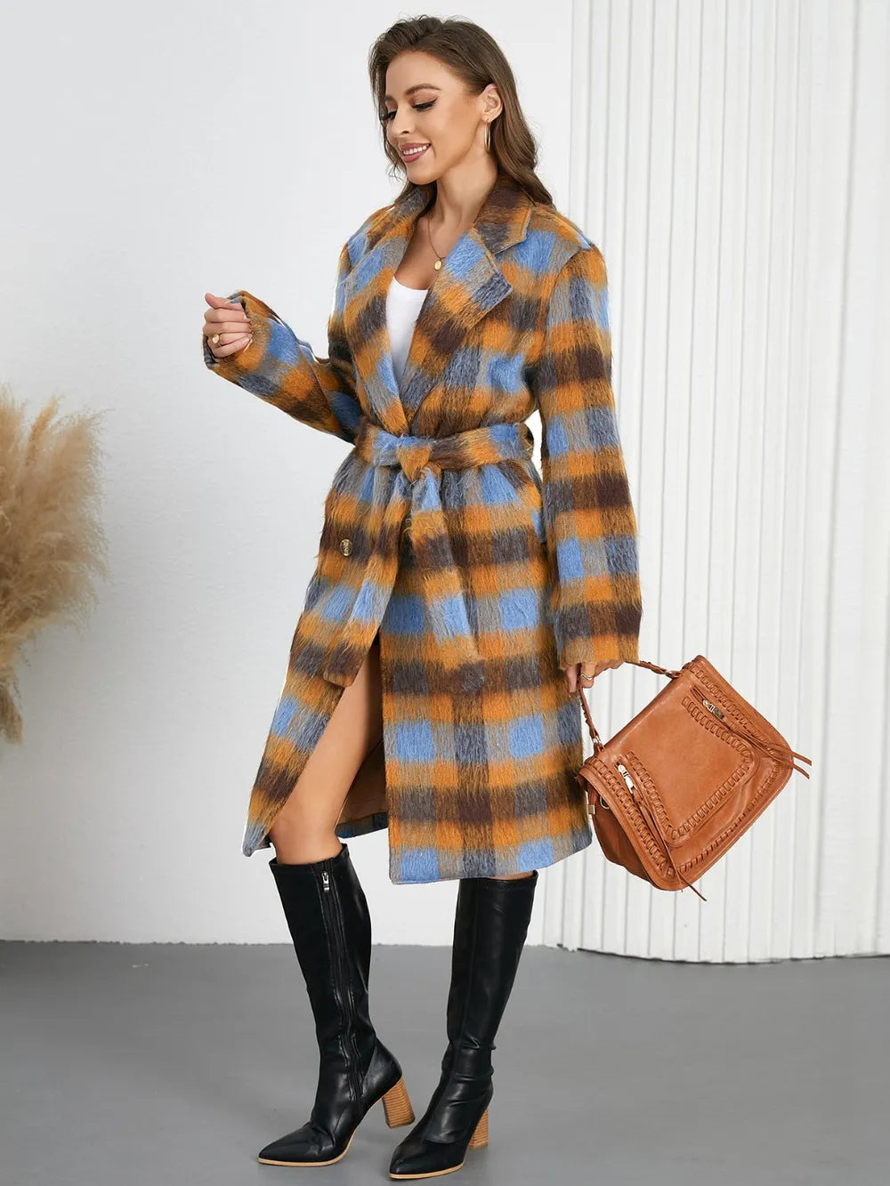 Tied Plaid Collared Neck Coat, view 2